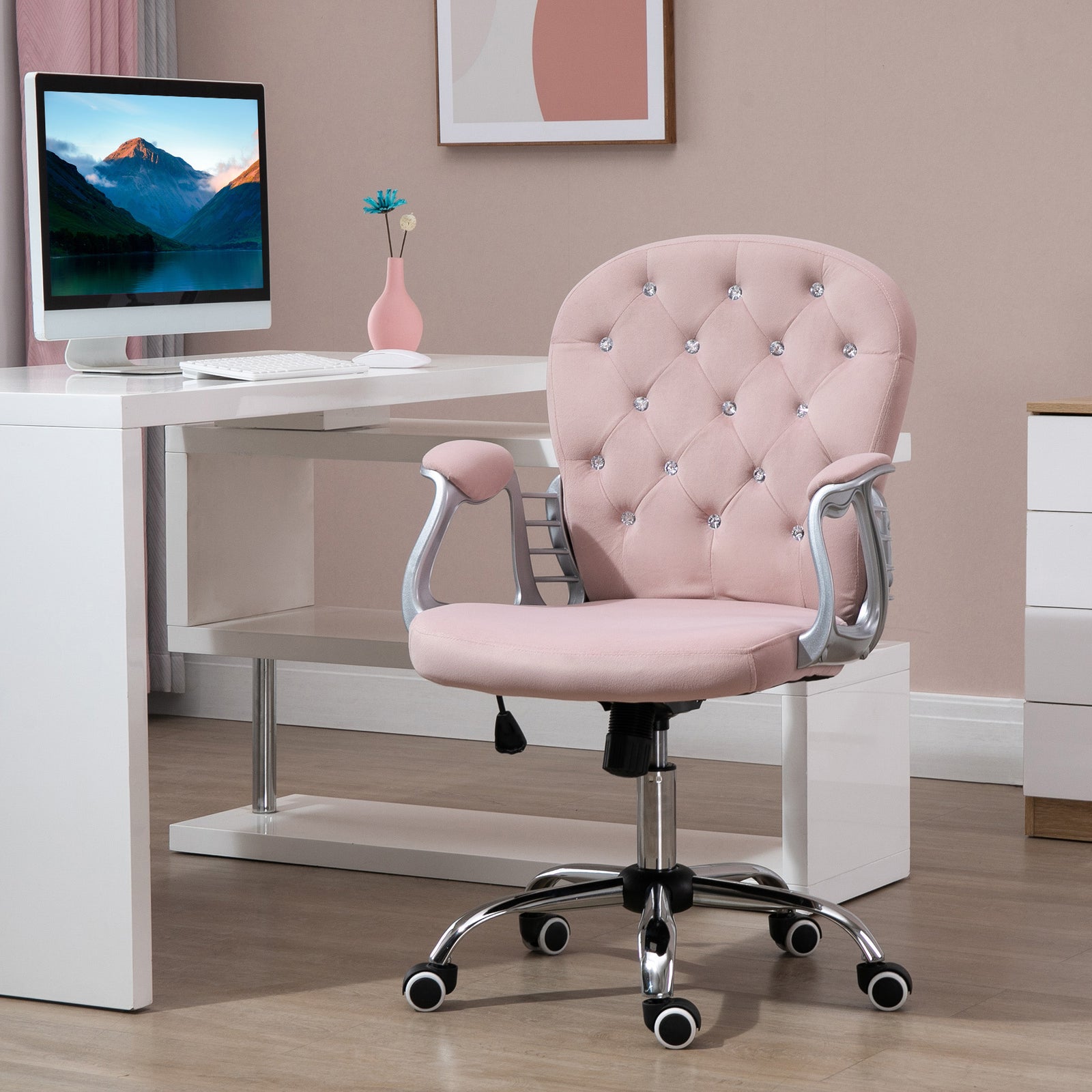 Velour Diamond Tufted Office Chair | Pink
