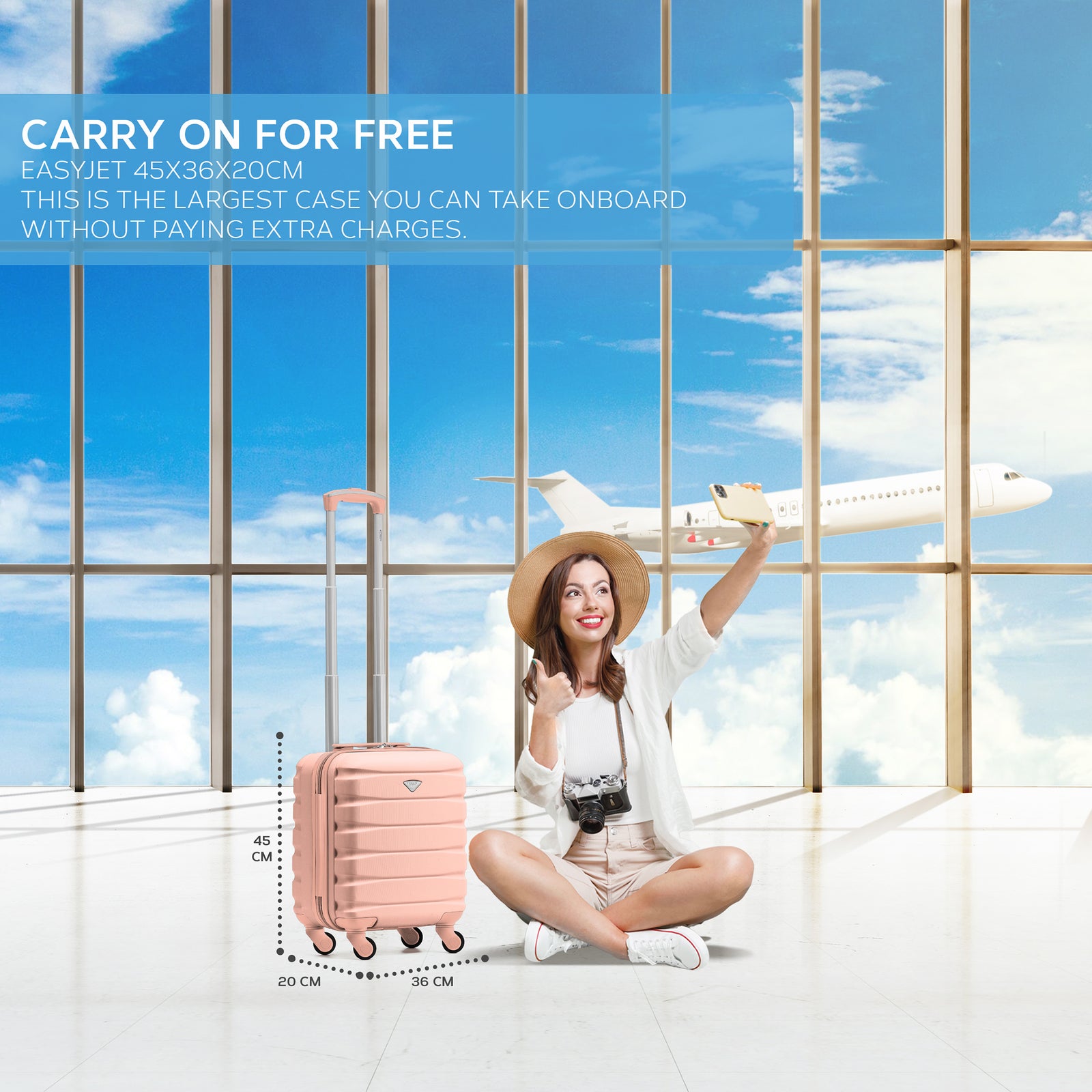45x36x20cm Lightweight Underseat Cabin Carry On Suitcase - 100+ Airline Approved - Hard Shell Luggage - 4 Wheels | 45 x 36 x 20cm | Rose Gold