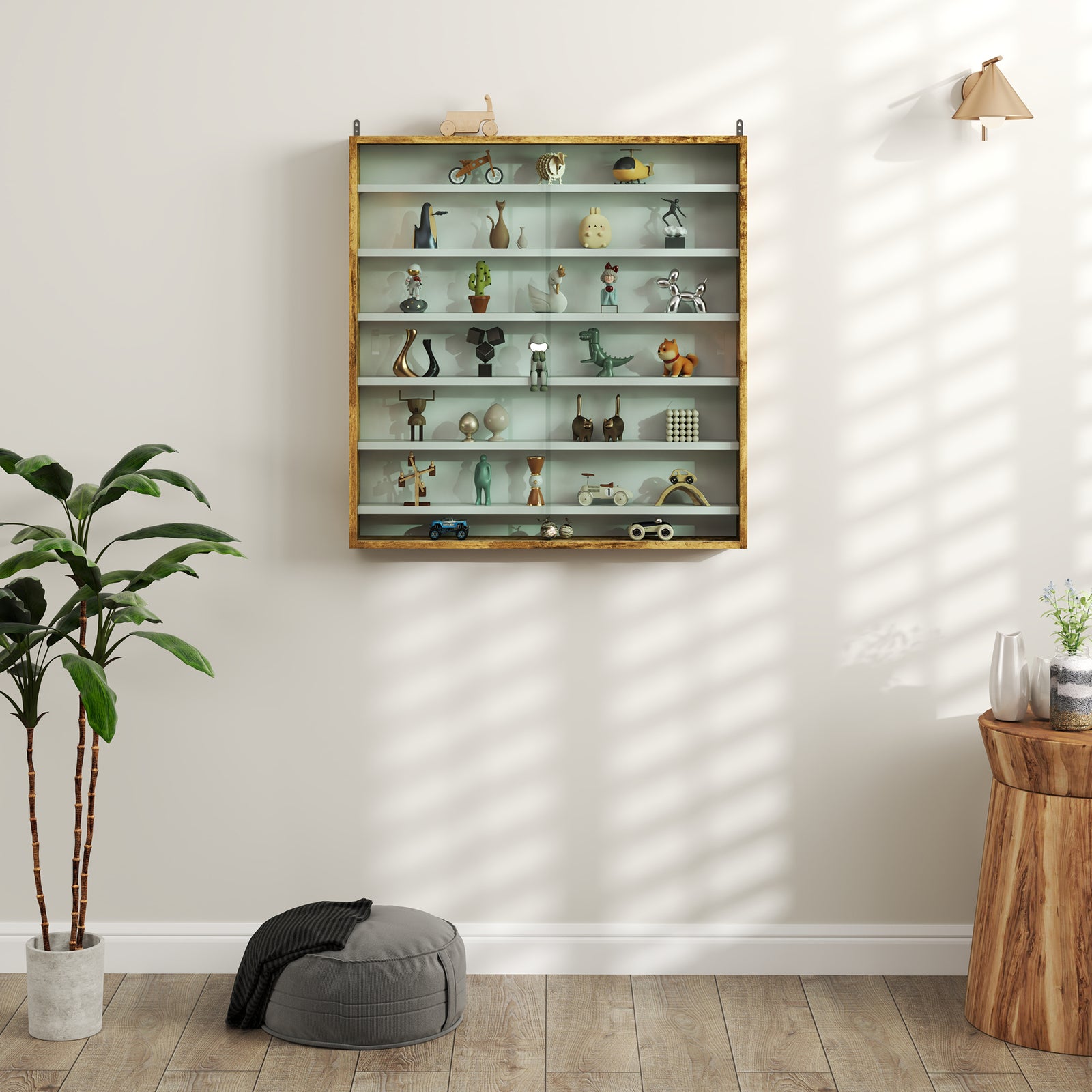 7-tier Wall Display Cabinet W/ Shelves Glass Doors | Brown