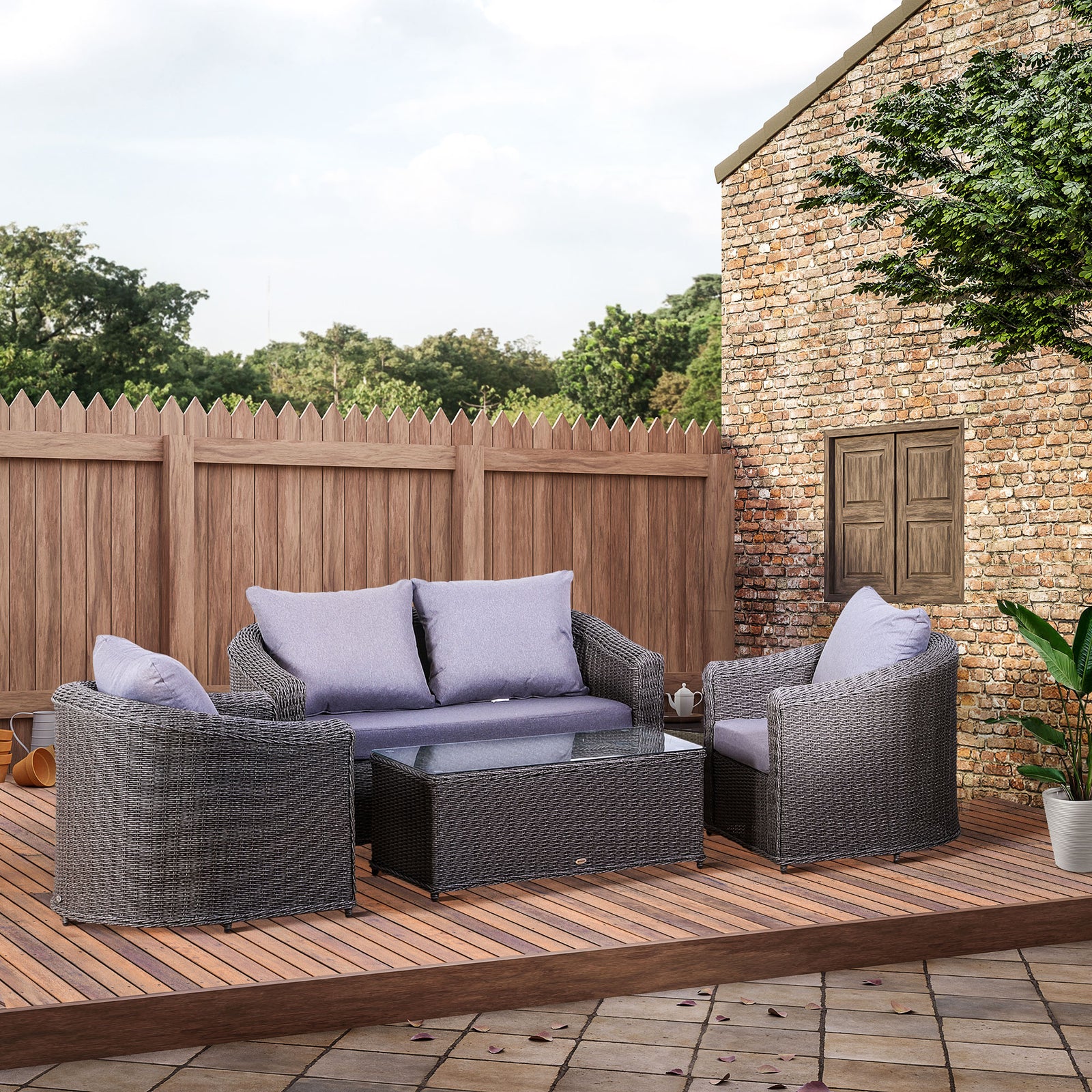 4-seater Rattan Sofa Set Table Chair Bench Grey