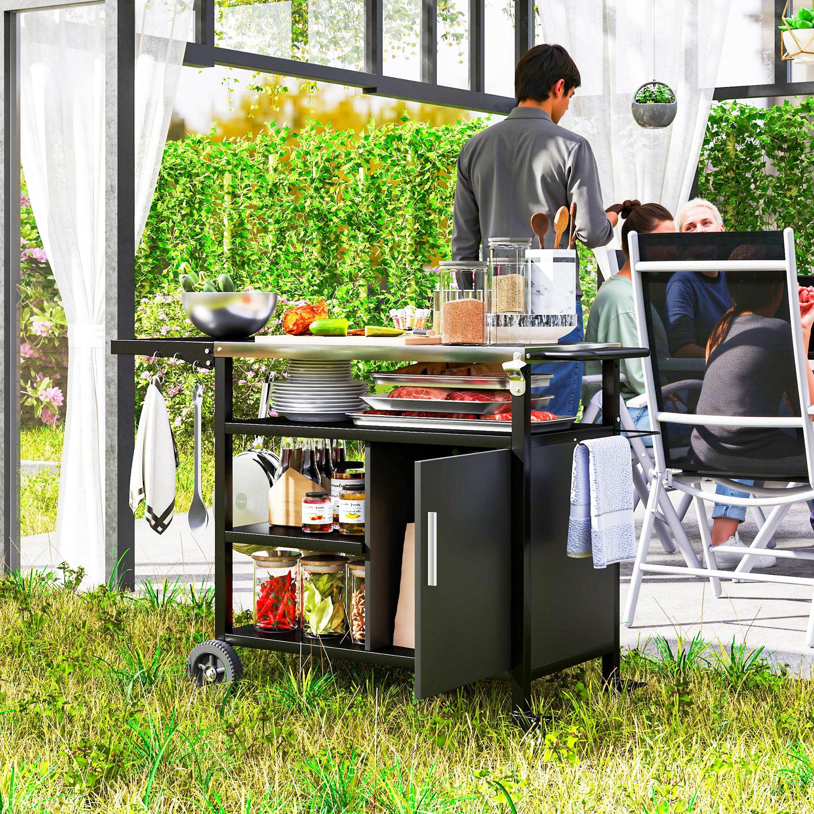 Stainless Steel Outdoor Bbq Trolley W/ Folding Side Table