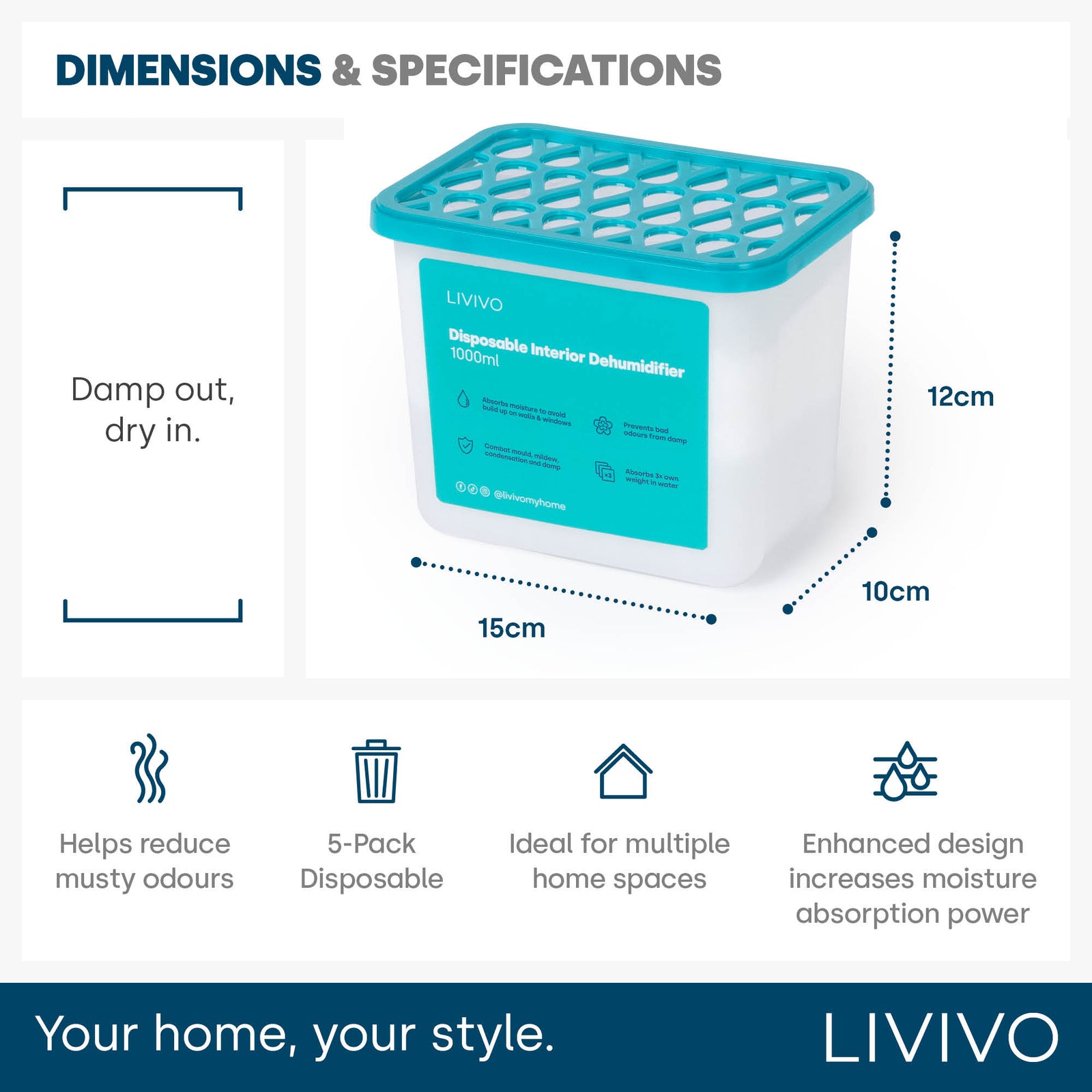 Livivo 1000ml Dehumidifier 5 Pack – Stops Damp Mildew, Mould & Condensation