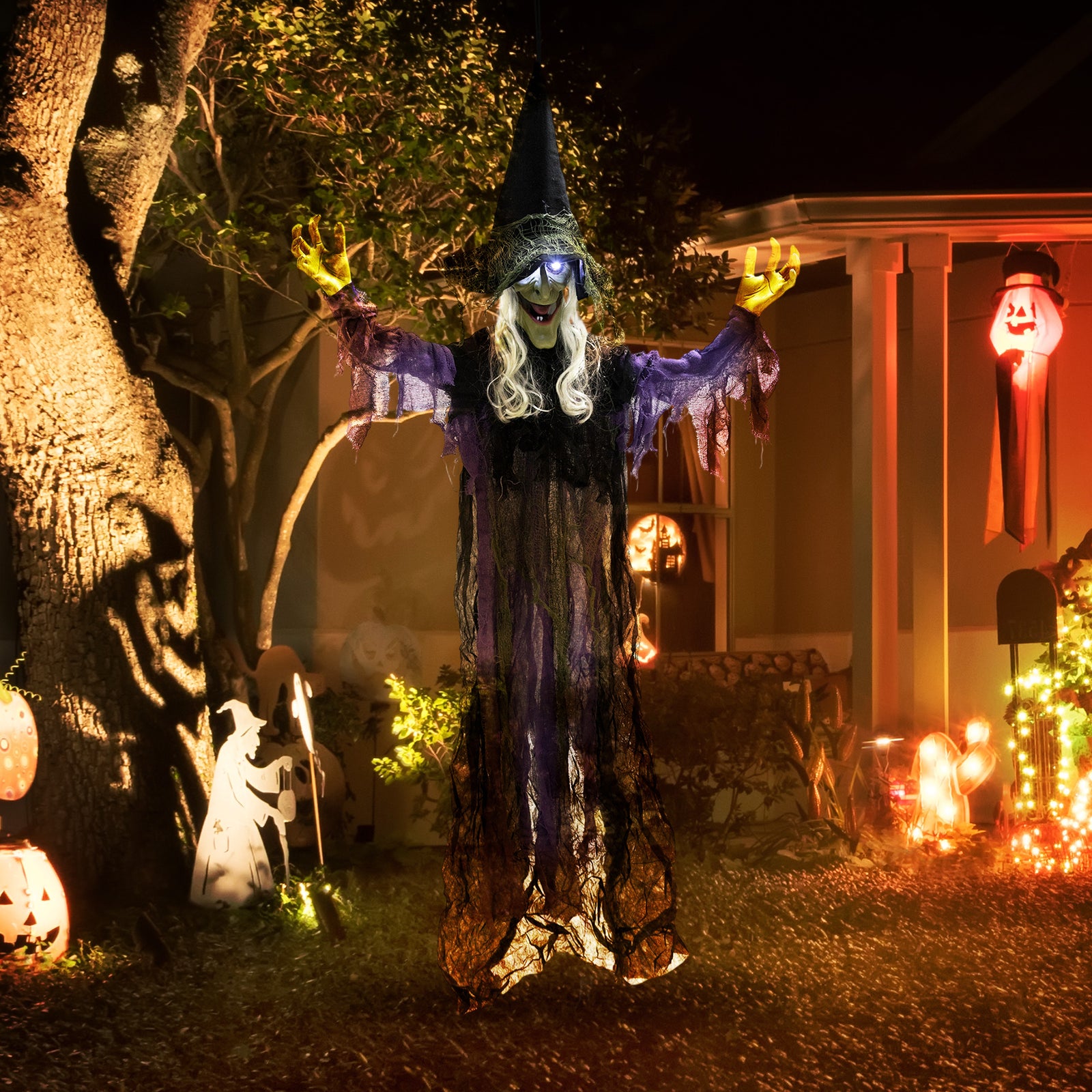 Voice Activated Halloween Animatronics Hanging Witch, Purple