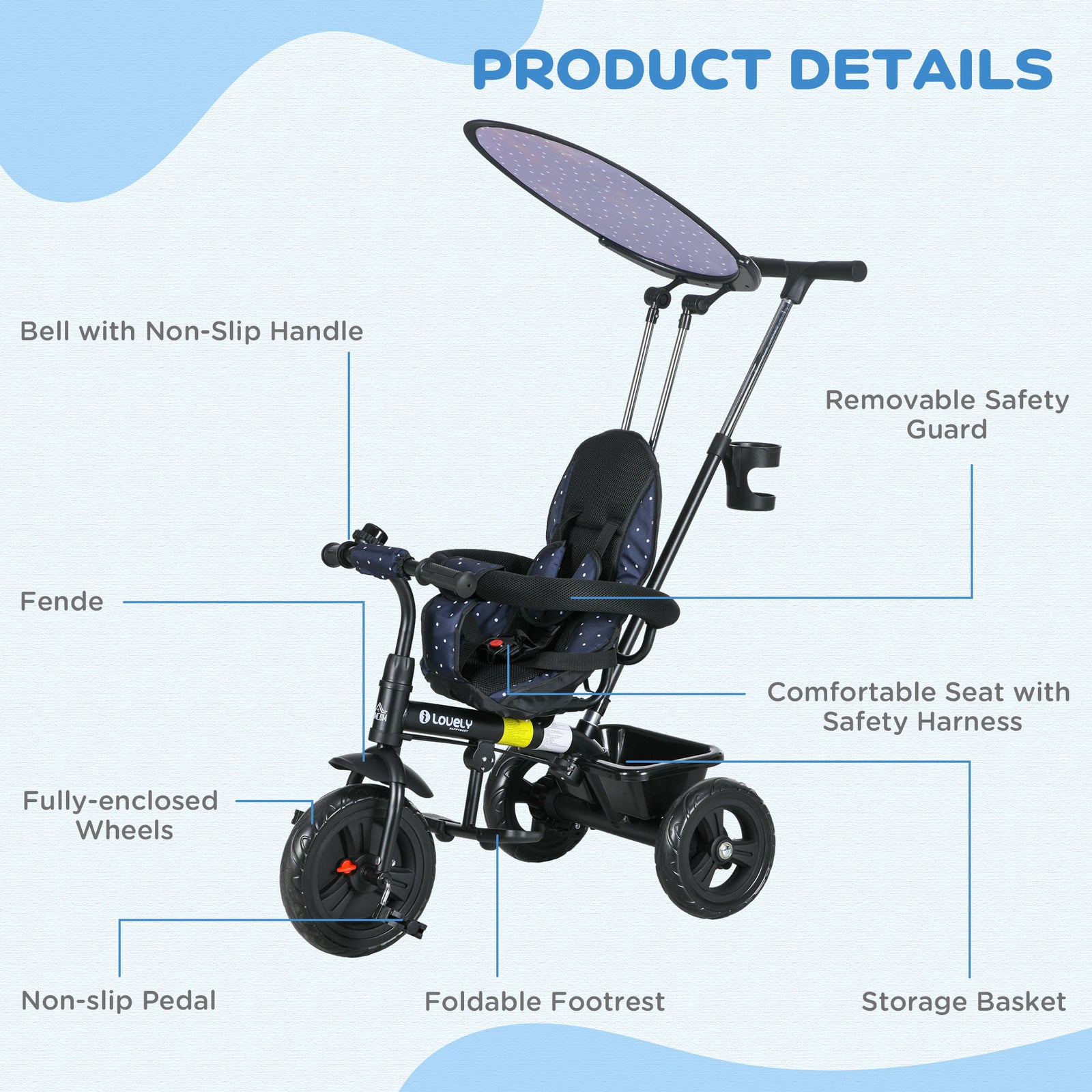 6 In 1 Kids Tricycle W/ Removable Handle For 1.5+ Year | Black