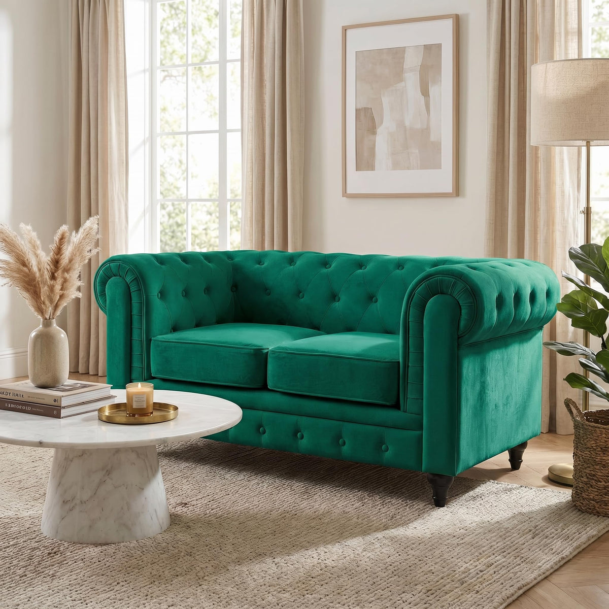 Chesterfield Scroll Arm Velvet Sofa 2 Seater | Emerald