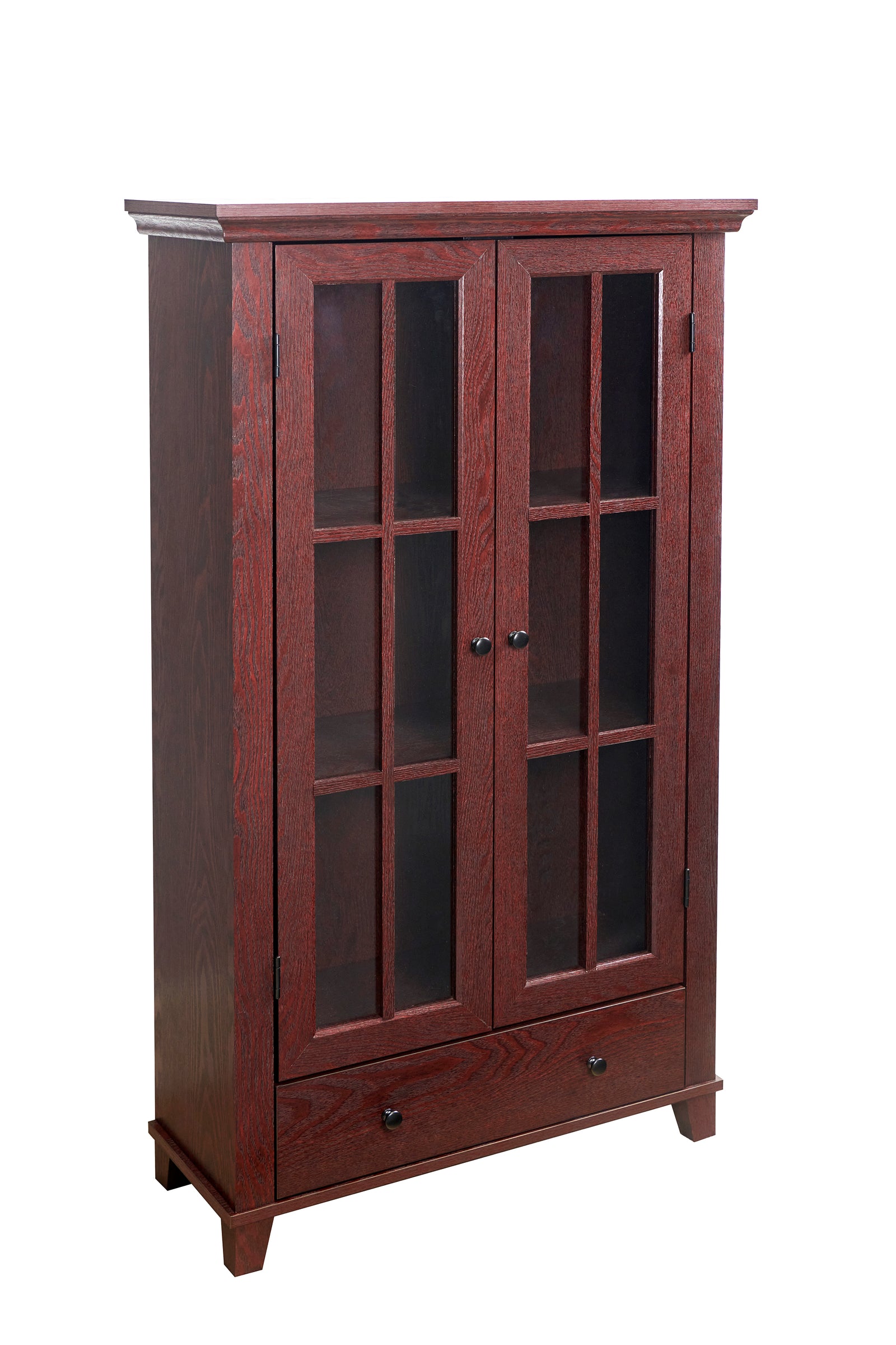 Greenhurst Mahogany Display Cabinet, Media Storage With Shelving And Drawer, Double Perspex Doors
