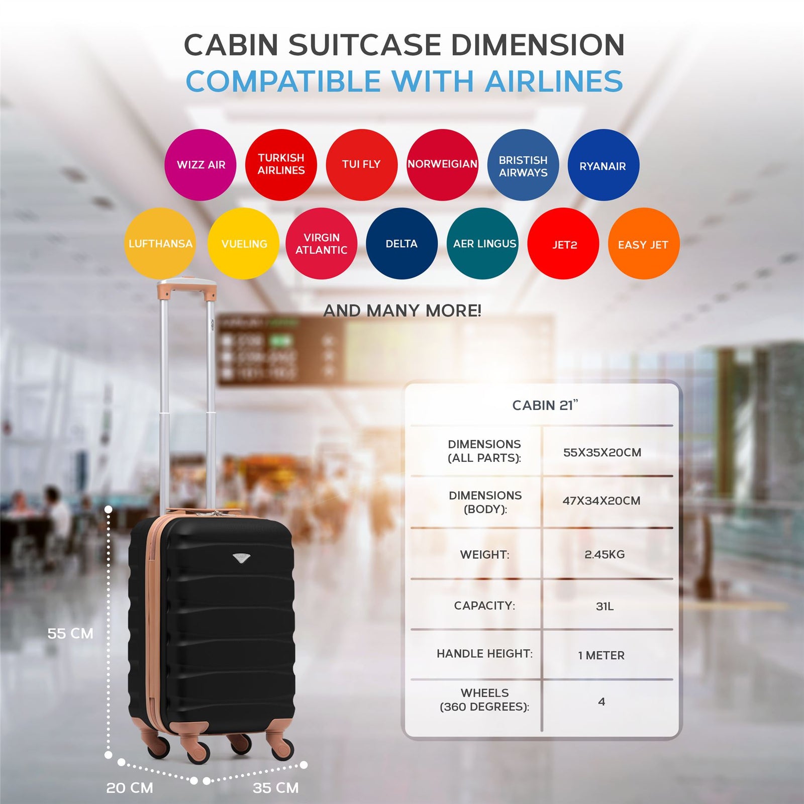 55x35x20cm Cabin Carry On Suitcase Hard Shell Overhead Luggage 100+ Airlines Approved | Cabin | Black & Brown