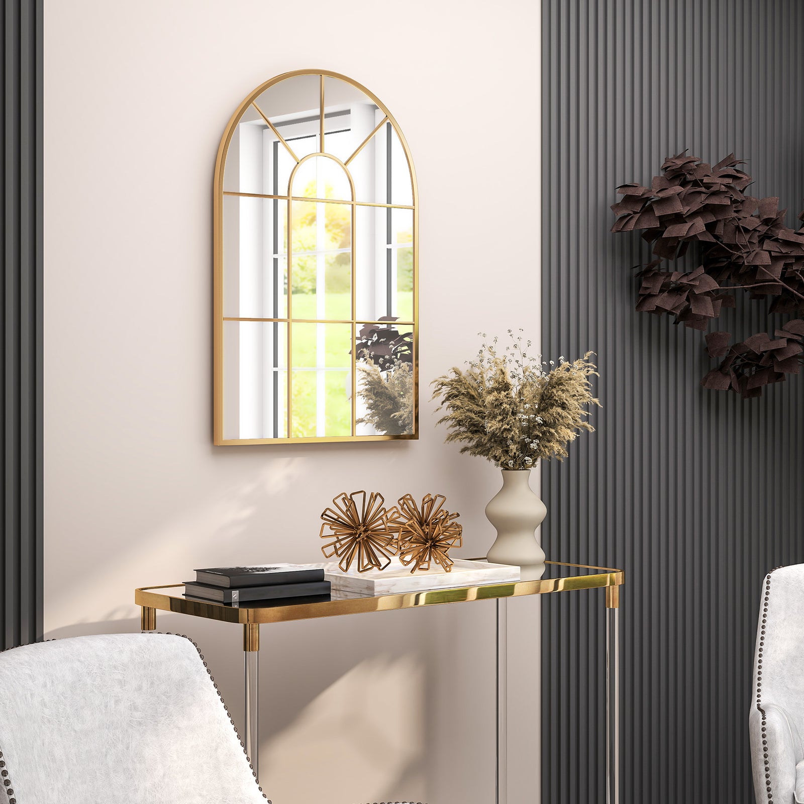 Arched Window Wall Mirror For Living Room Bedroom, 91x60cm | Gold