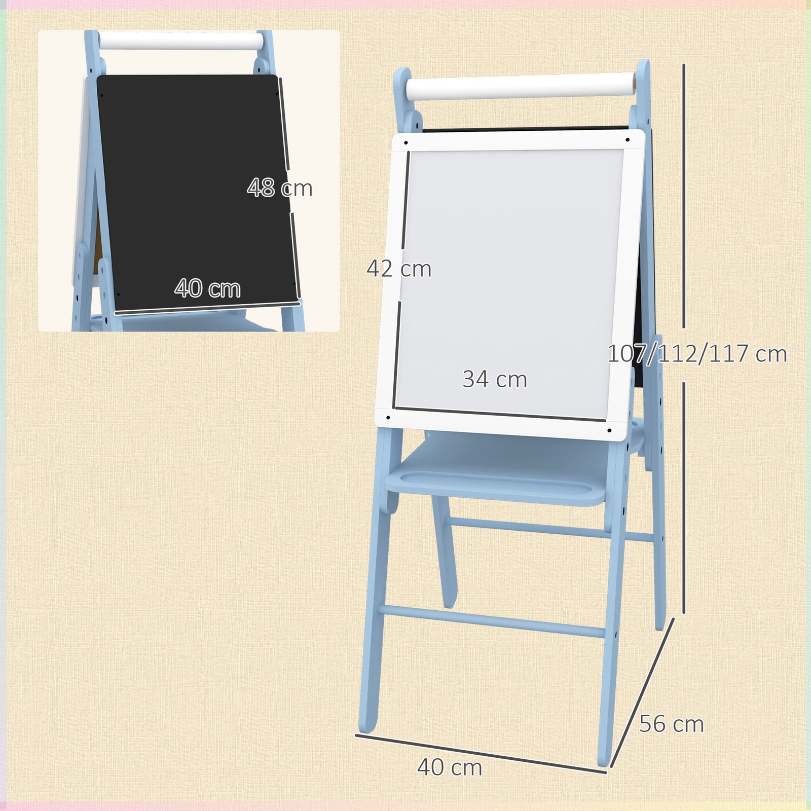 3 In 1 Easel For Kids, With Paper Roll, Adjustable Height | Blue