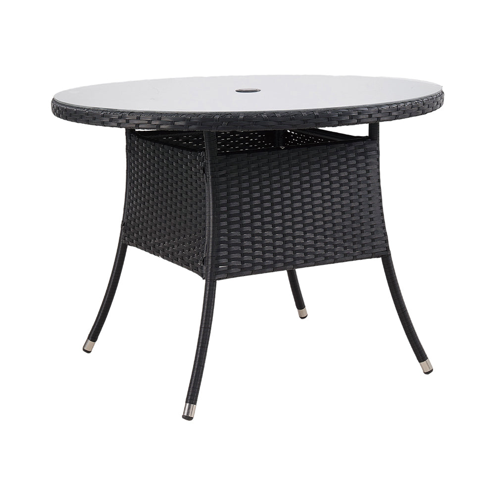 Garden Rattan Tempered Glass Top Round Table With Parasol Hole - 100cm Dia X 72cm