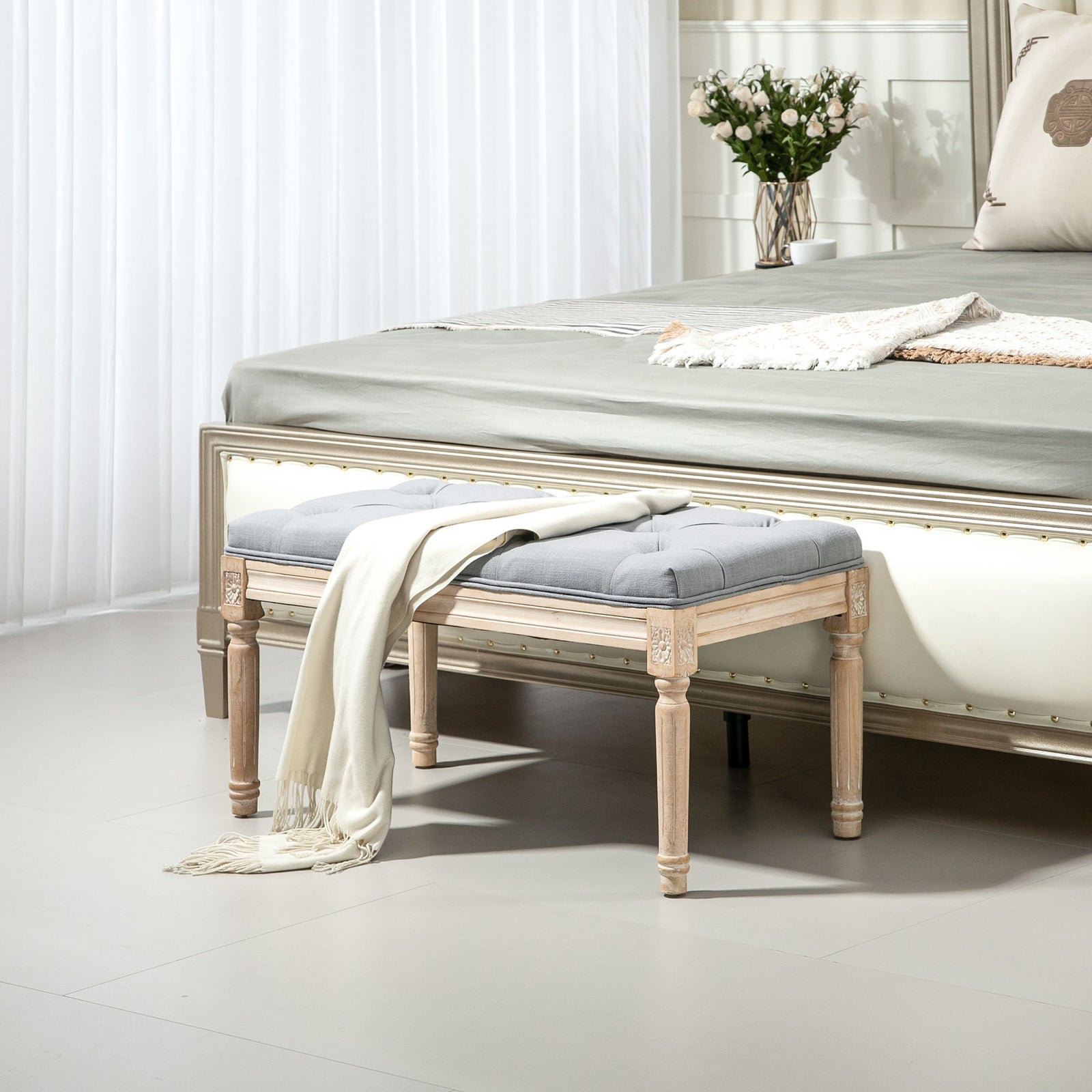 End Of Bed Bench, Tufted Upholstered Foot Stool | Medium | Dove Gray