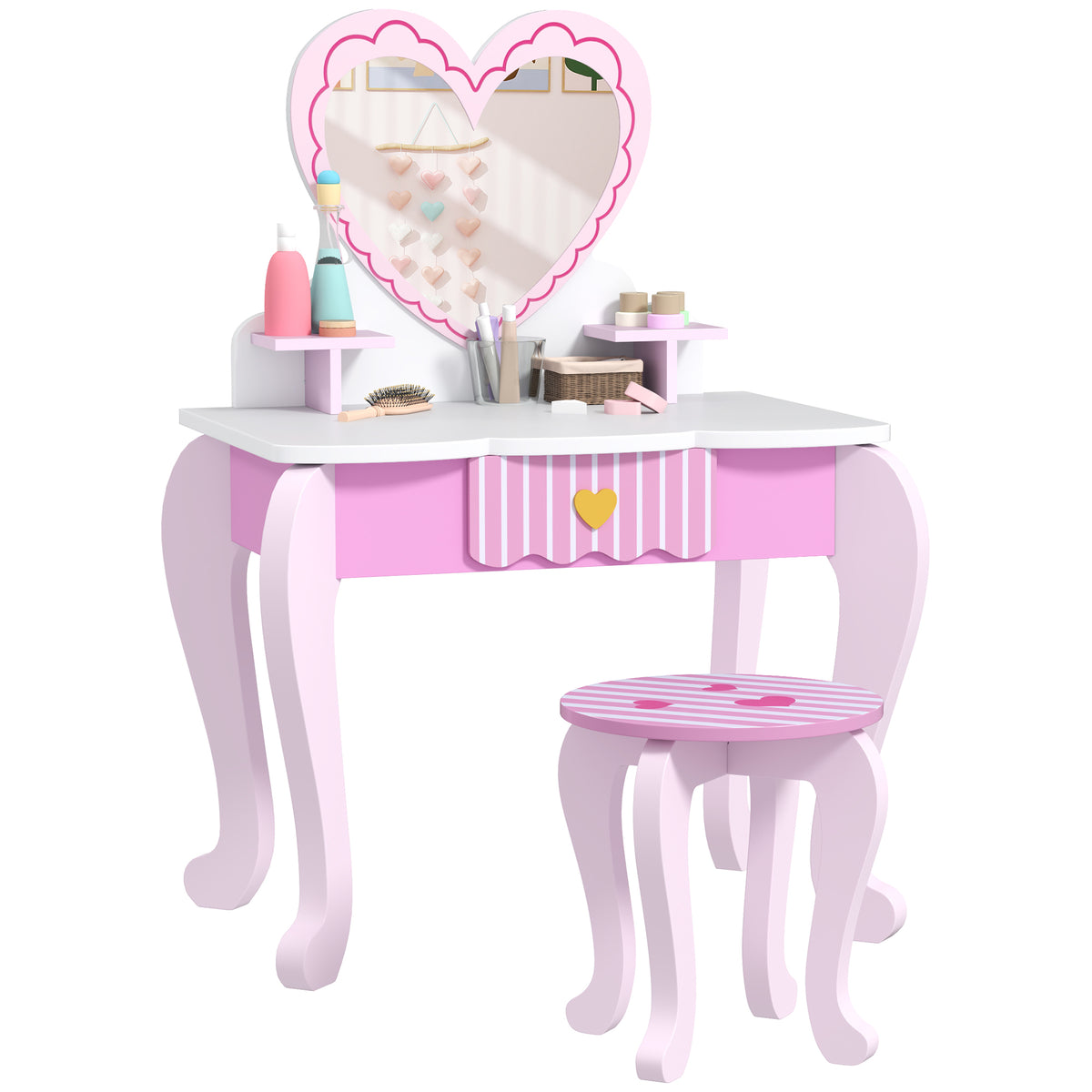 Kids Dressing Table Set, Heart Theme Vanity Table With Stool, Mirror, Drawer