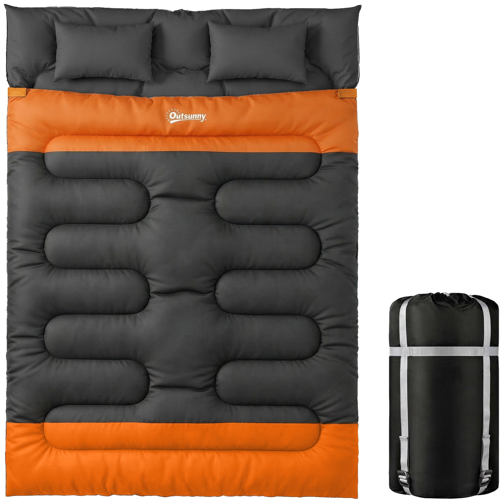 Double Sleeping Bag With 2 Pillows, 220 X 160cm Sleeping Bag | Orange & Black