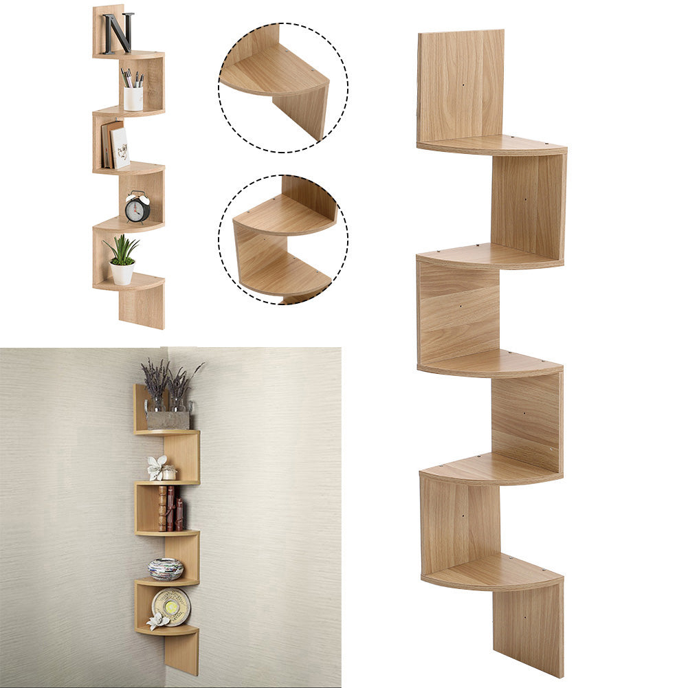 3/5-tier Wooden Floating Corner Shelf Wall Mounted Tiered Zigzag Corner Shelves | Large | Brown