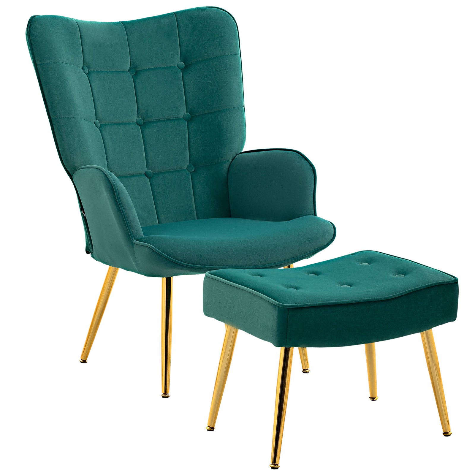 Button Tufted Armchair With Footstool Gold Tone Steel Legs | One Size | Green