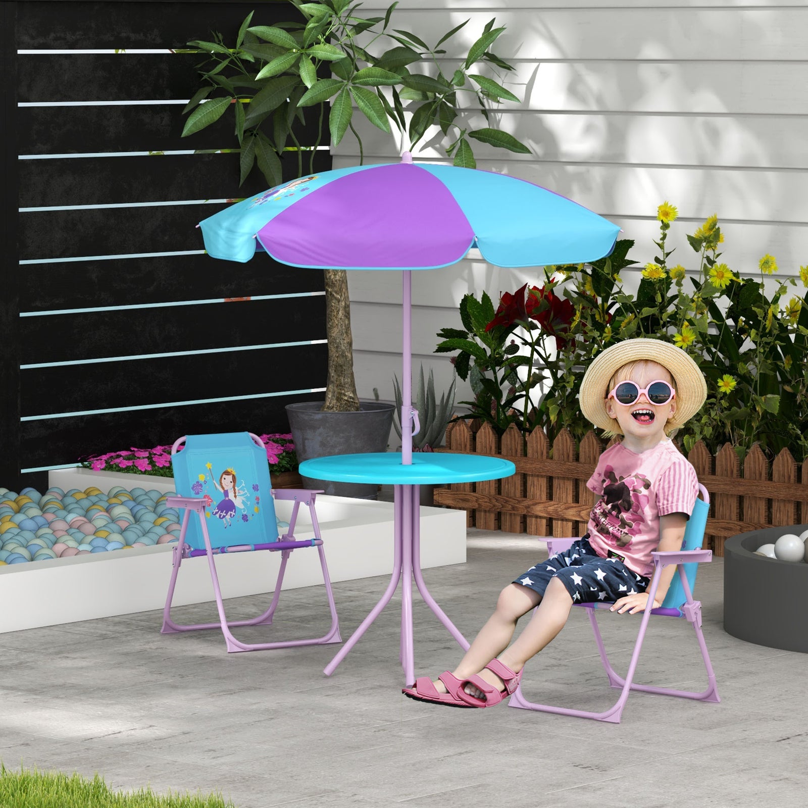 Kids Bistro Table And Chair Set W/ Fairy Theme, Adjustable Parasol
