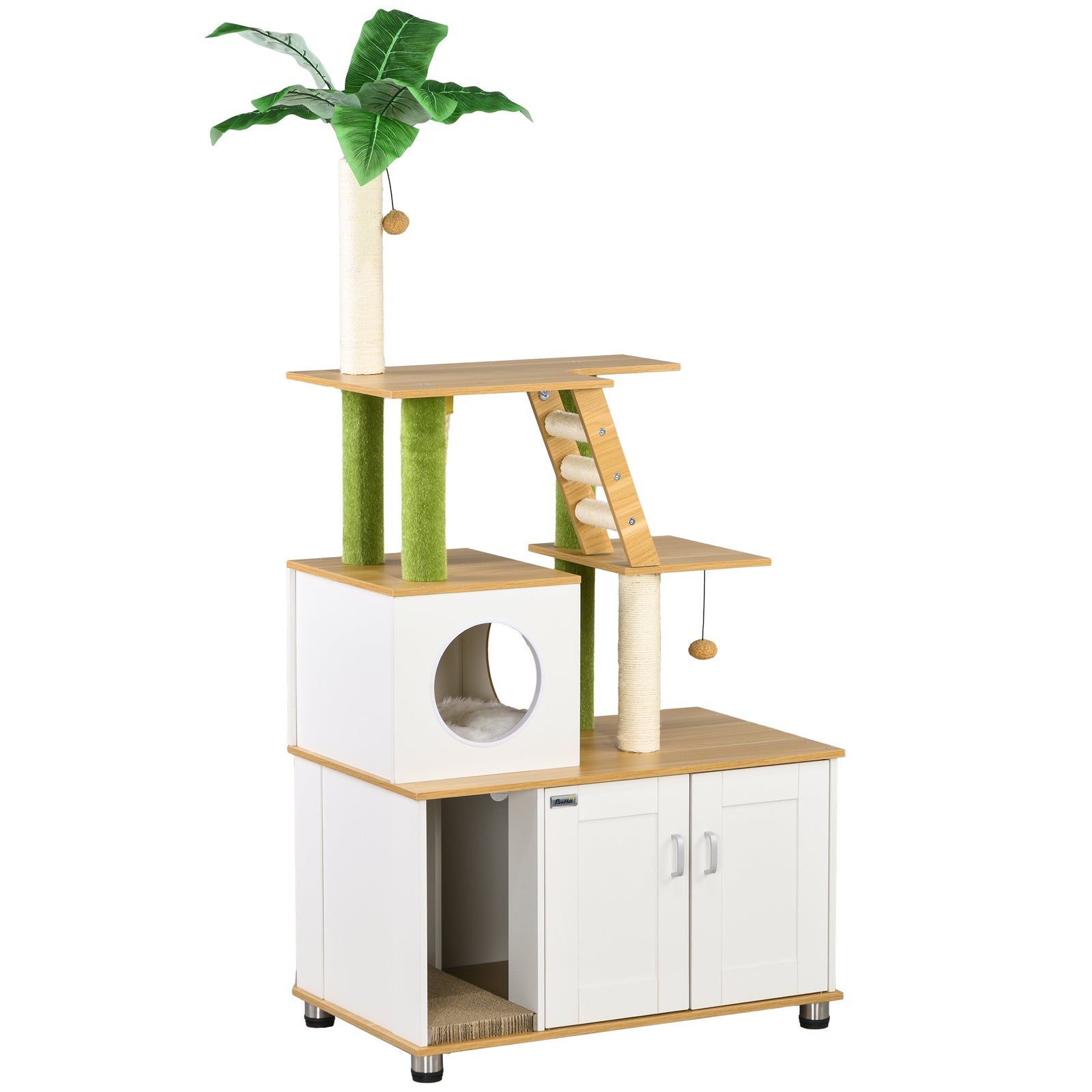 2 In 1 Hidden Litter Box With Green Leaf Cat Tree, Indoor, Oak