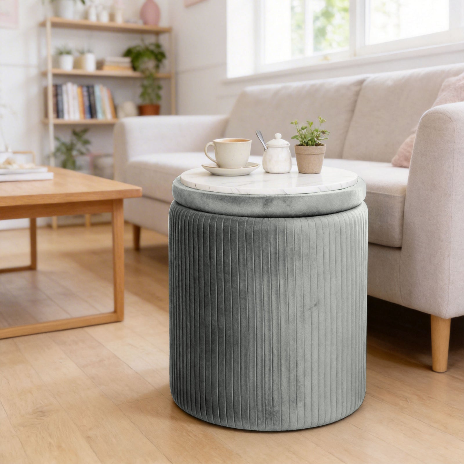 Round Storage Ottoman With Removable Top | Grey