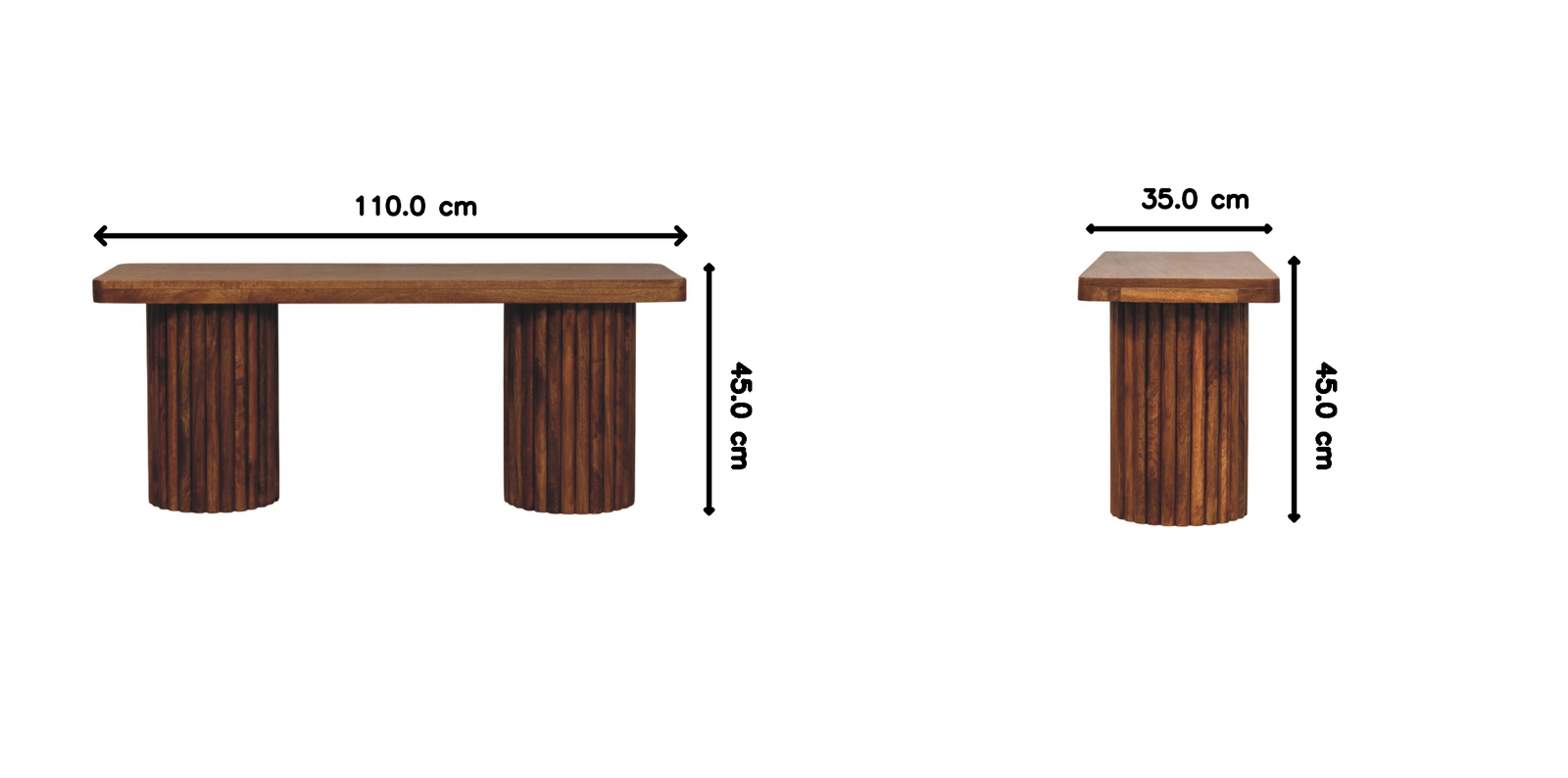 Astoria Fluted Bench, 2 cylindrical fluted bases, Warm Brown