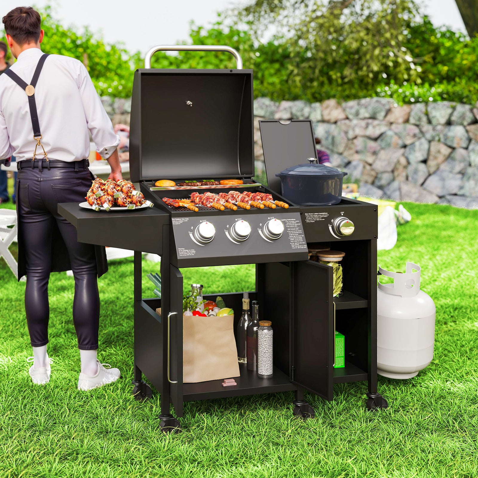 Outsunny 3+1 Burner Gas Bbq With Cabinet