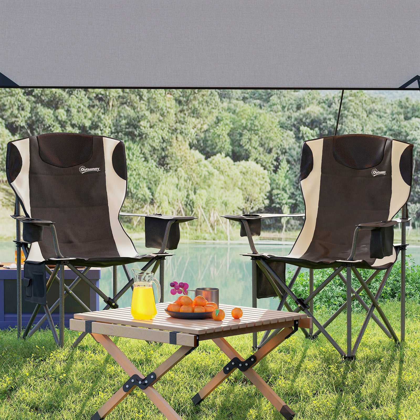 Set Of 2 Folding Camping Chairs With Cooler Bag | Black