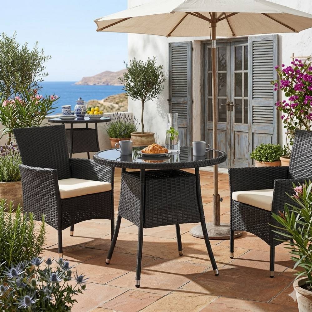 Round Wicker Patio Table With Black Tempered Glass Top With 51mm Umbrella Hole & Transparent Cap 80cm Dia X 72cm H | Black
