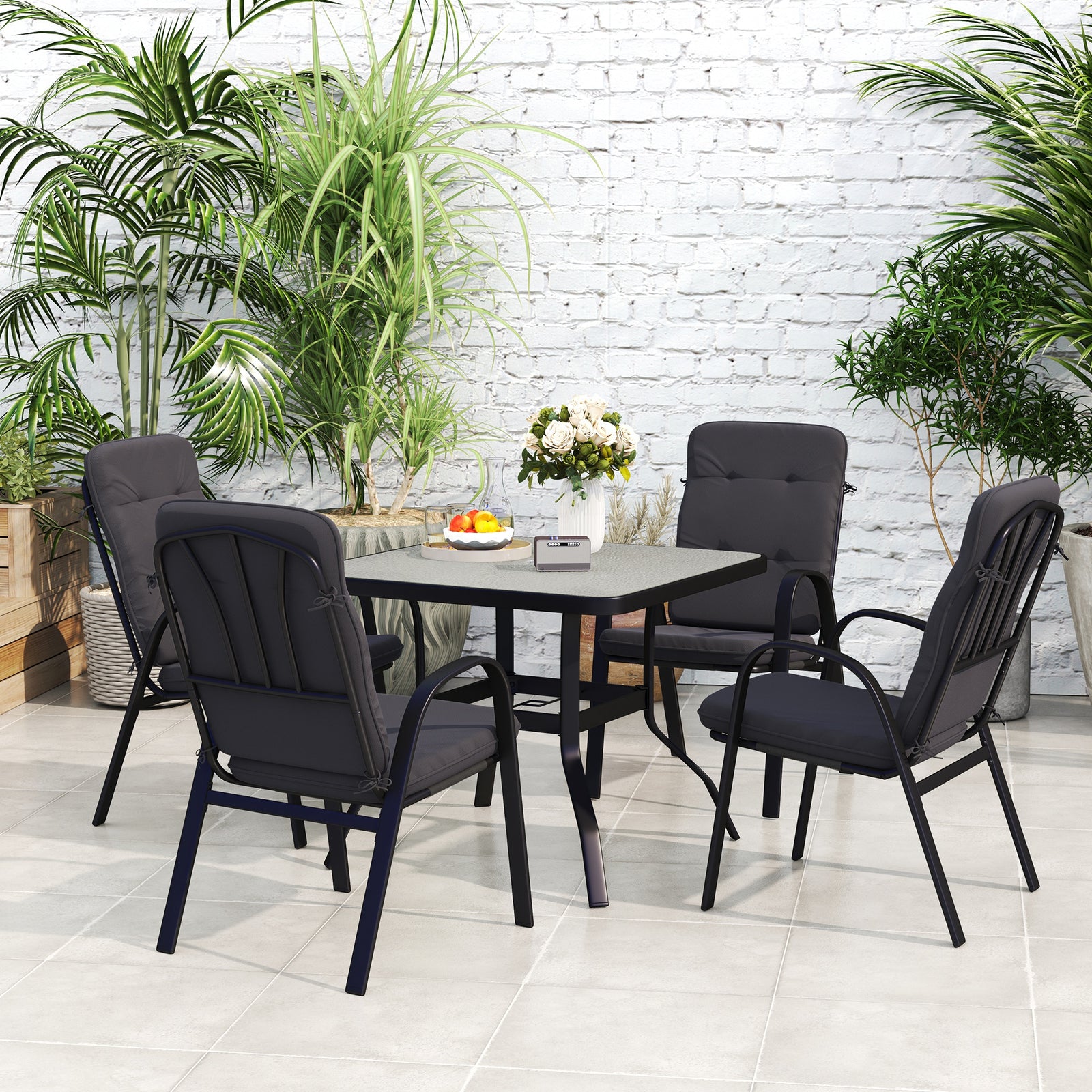 5-piece Outdoor Set, Square Table & 4 Armchairs, Black