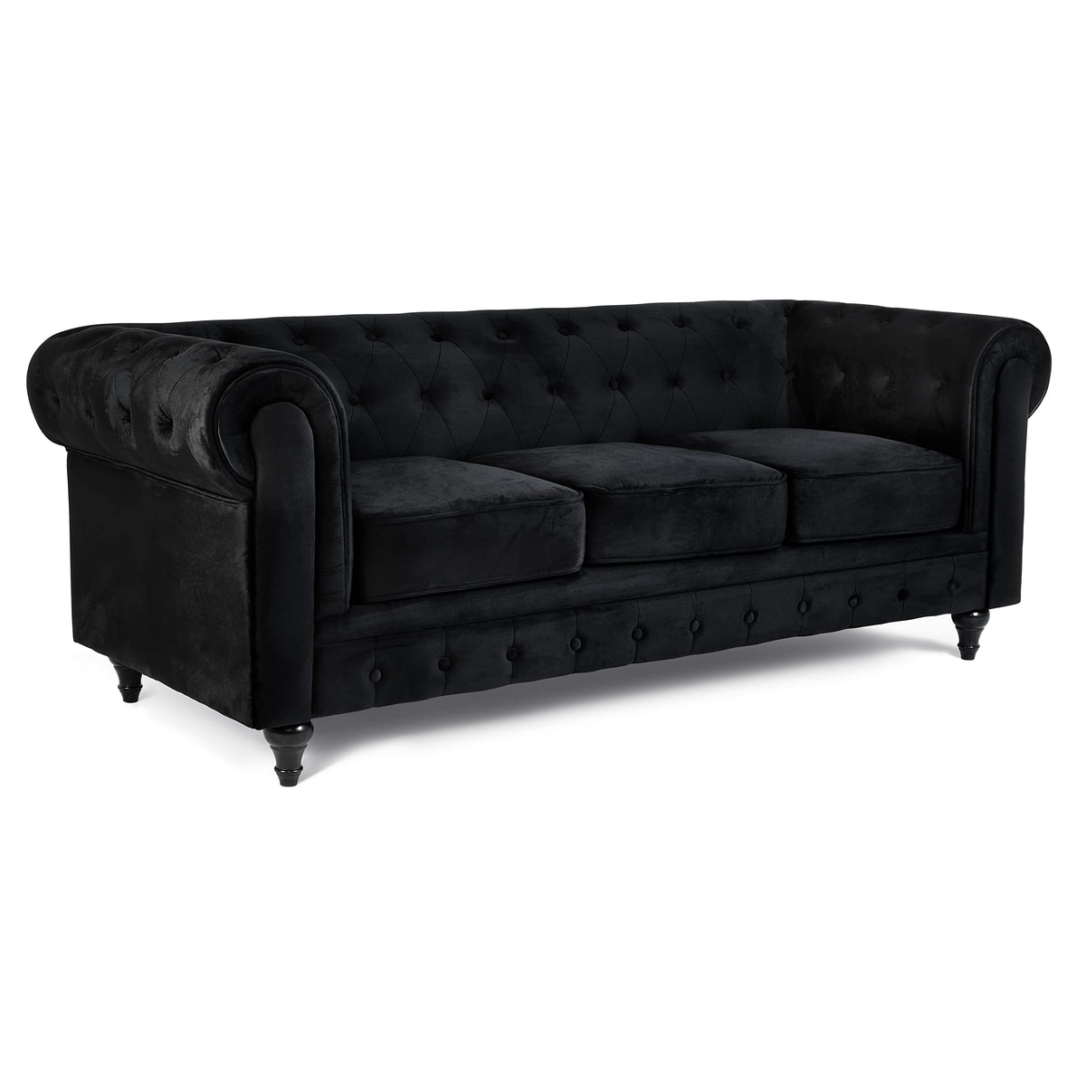 Chesterfield Scroll Arm Velvet Sofa 3 Seater | Black
