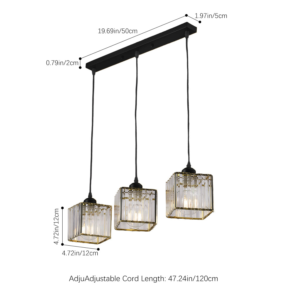 3-light Crystal Pendant Light Height Adjustable Rectangular Ceiling Chandelier | Black