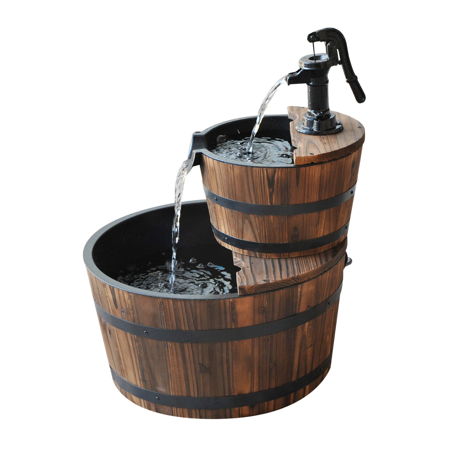 2 Tier Wood Barrel Water Pump Fountain, Garden Decor