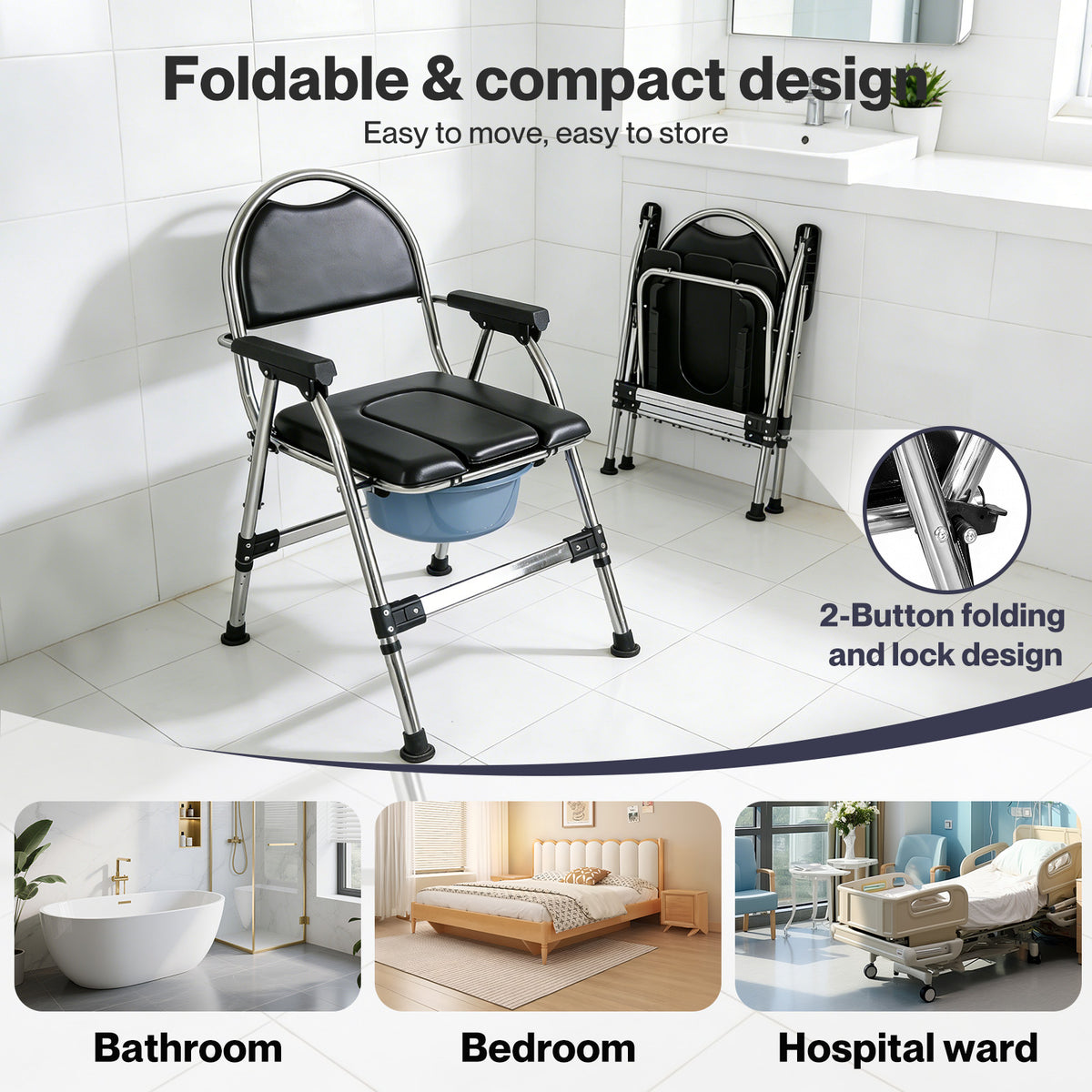 Folding Commode Chair Adjustable Height Bedside Toilet Shower Seat 150kg | Black