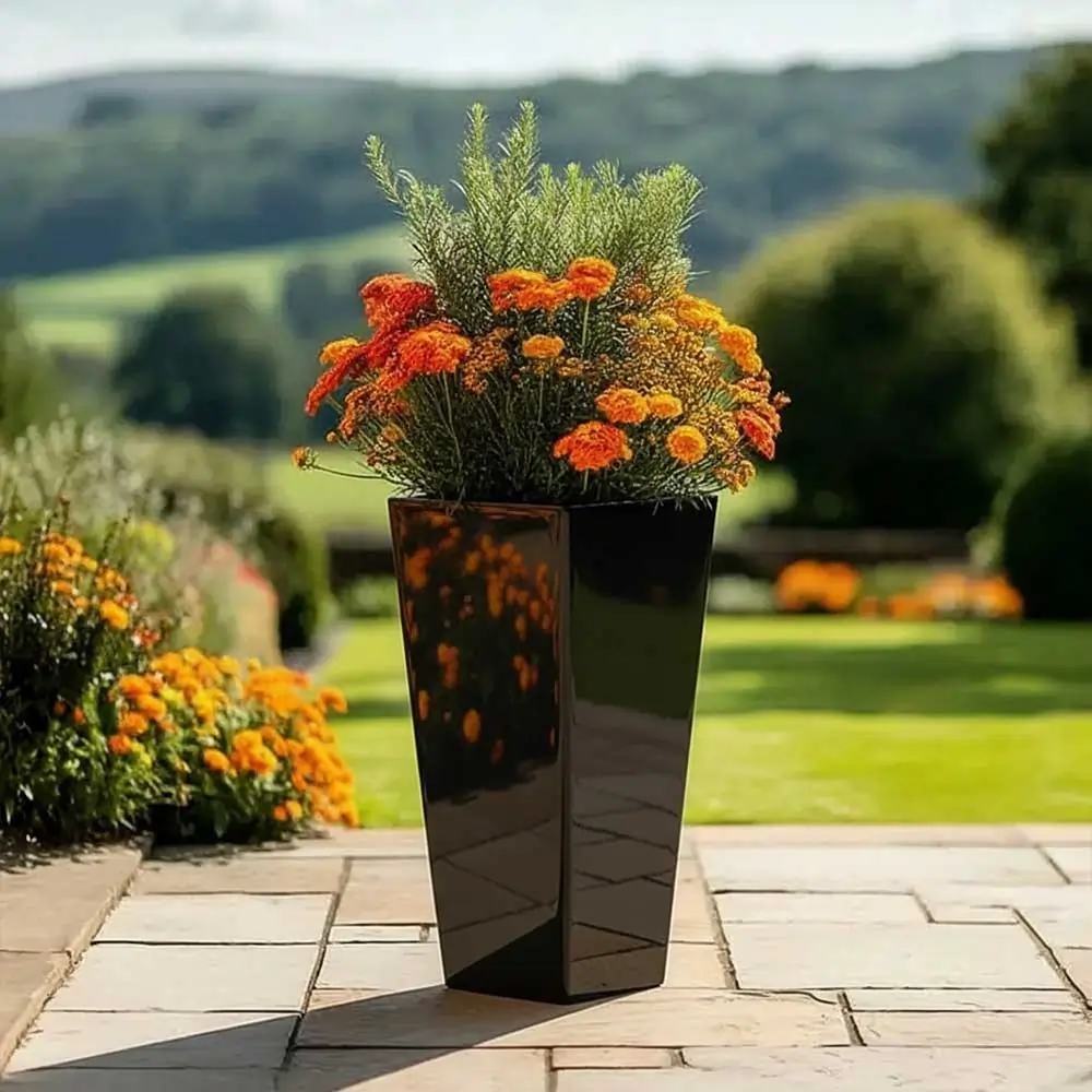 Zinc Galvanised Tall Flared Tapered Square Planter | 30cm x 30cm x 70cm | Glossy Black