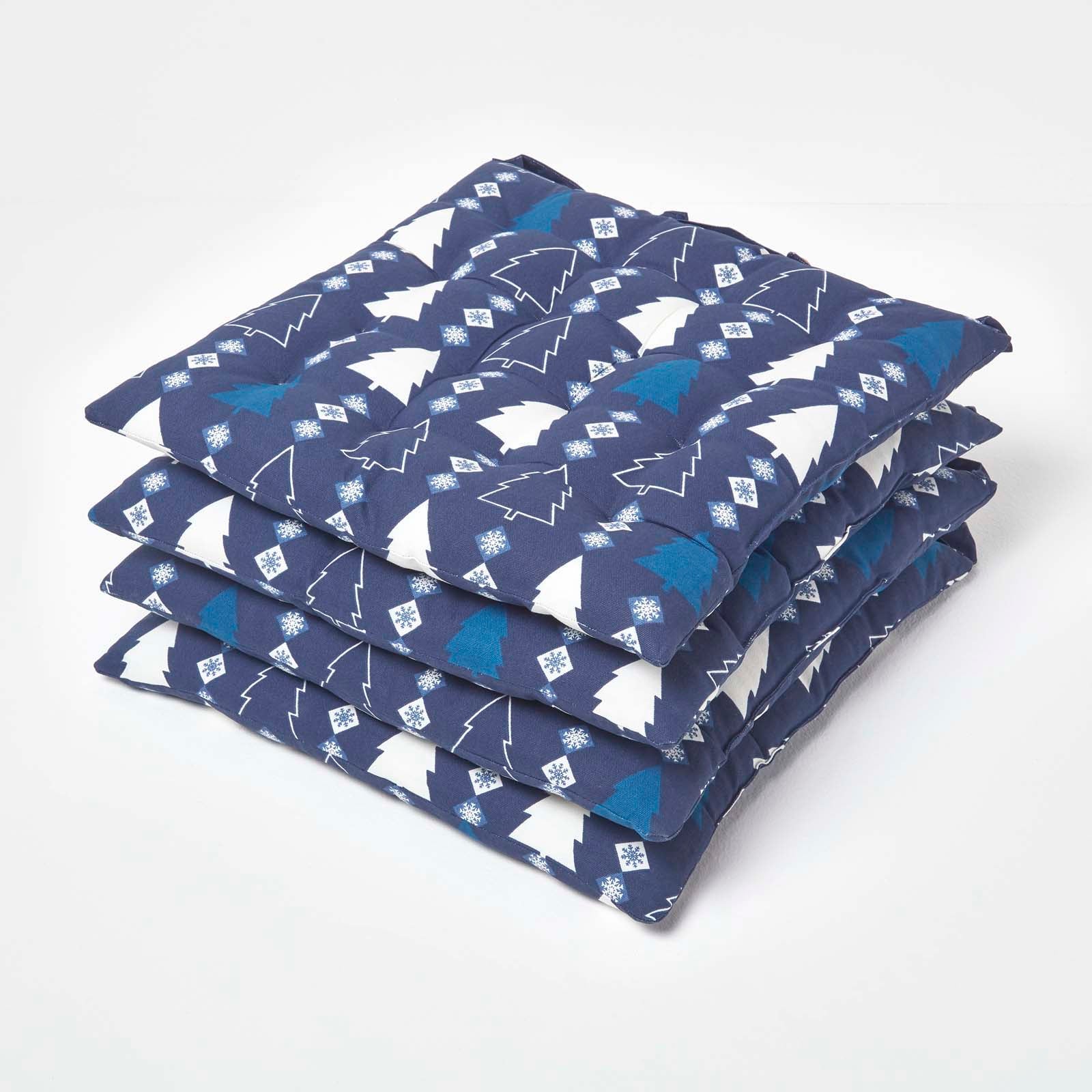 Christmas Seat Pad With Straps 100% Cotton 40 x 40cm | 40cm x 40cm | Blue