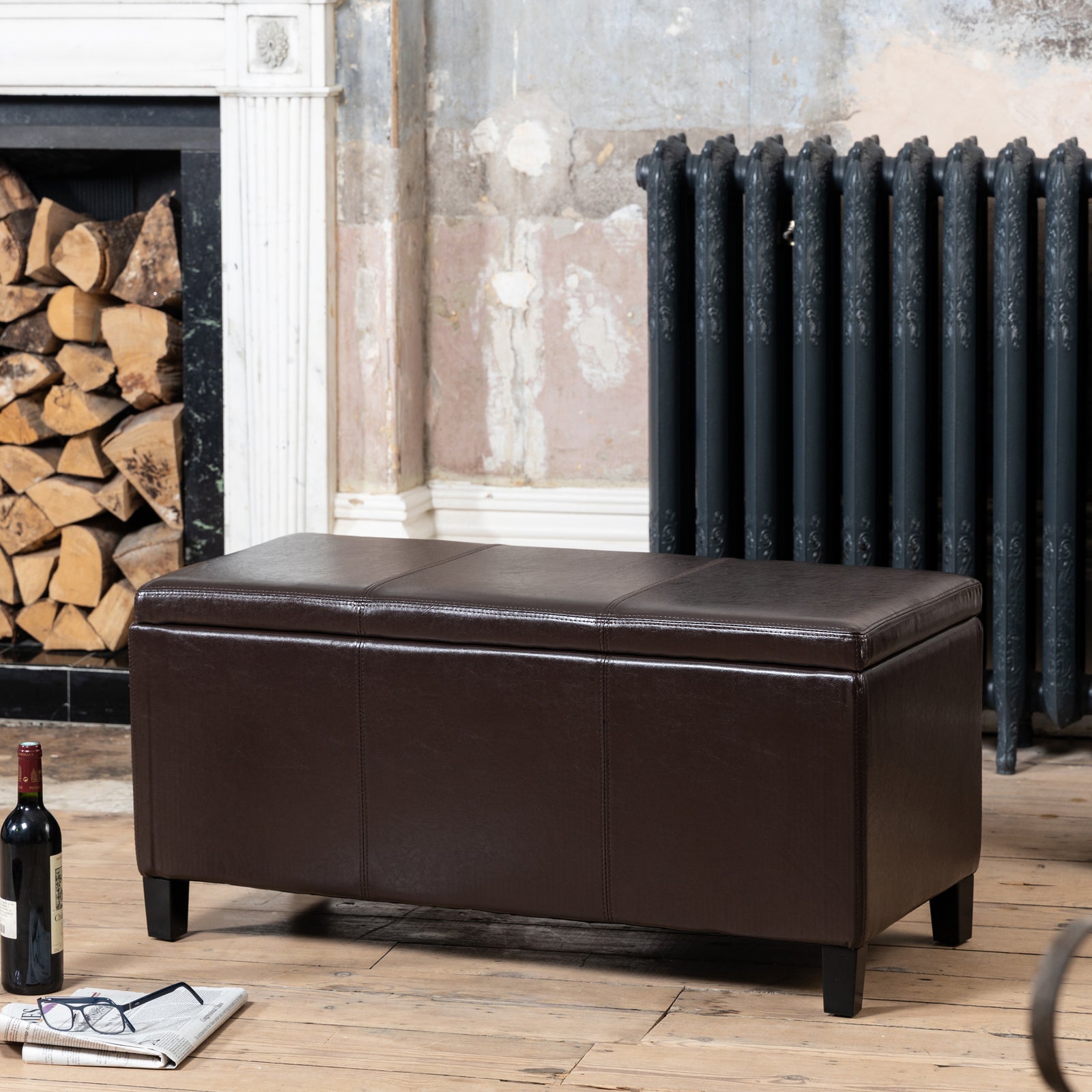 Davenport Bonded Leather Storage Ottoman | Brown