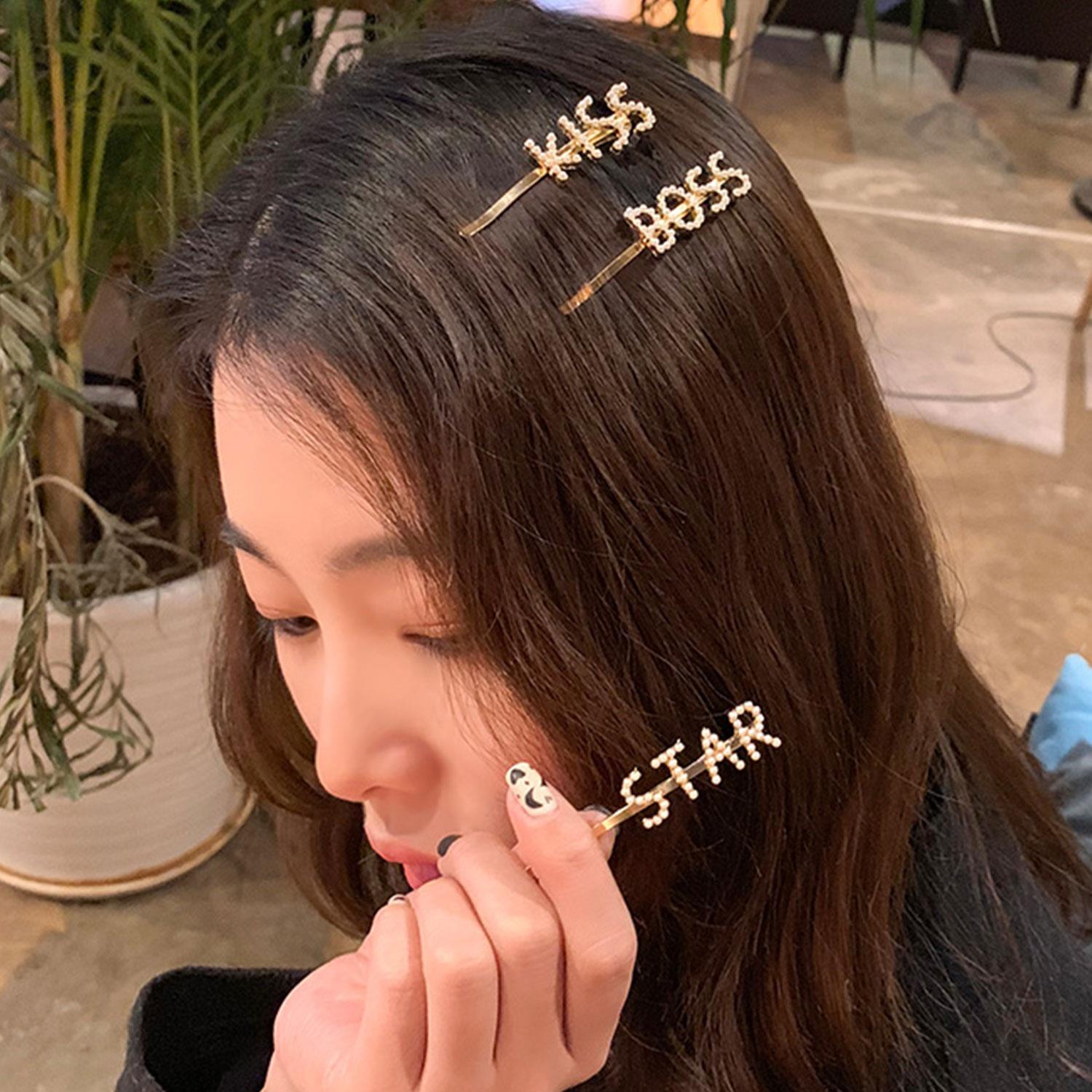 Pearl Words Hairpin Star Letter Statement Hair Clip Fashion Accessory Gold