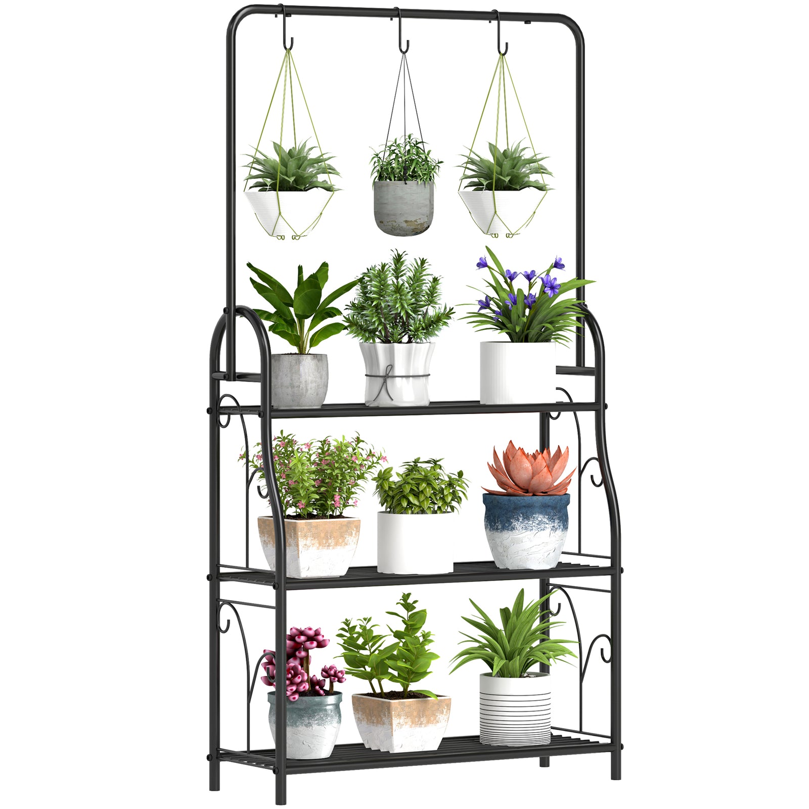 3 Tier Plant Stand W/ Hanging Hooks For Balcony Living Room