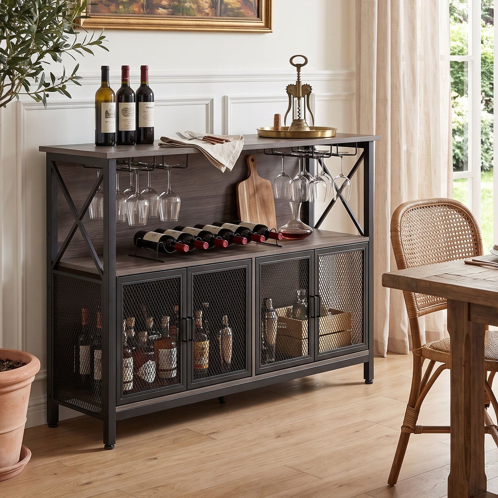 Industrial Wine Bar Cabinet With Metal Frame | Black & Grey