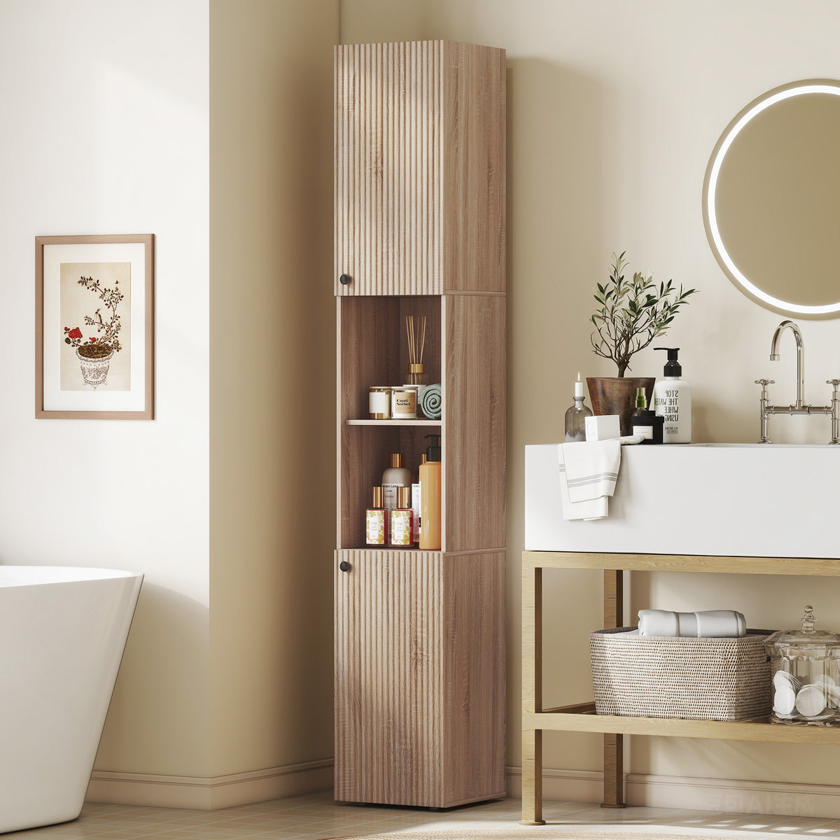 HOMCOM 182 Cm Tall Bathroom Cabinet With Adjustable Shelves, Natural
