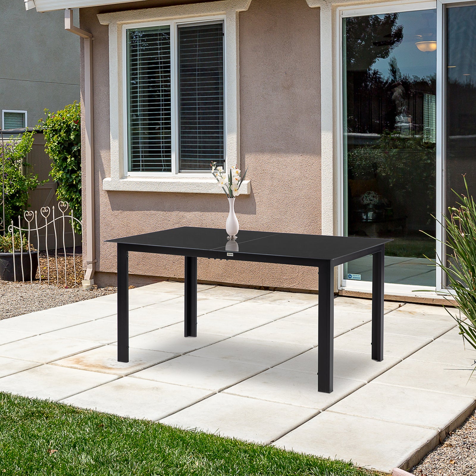 Outdoor Garden Dining Table For 6, Glass Top, Black