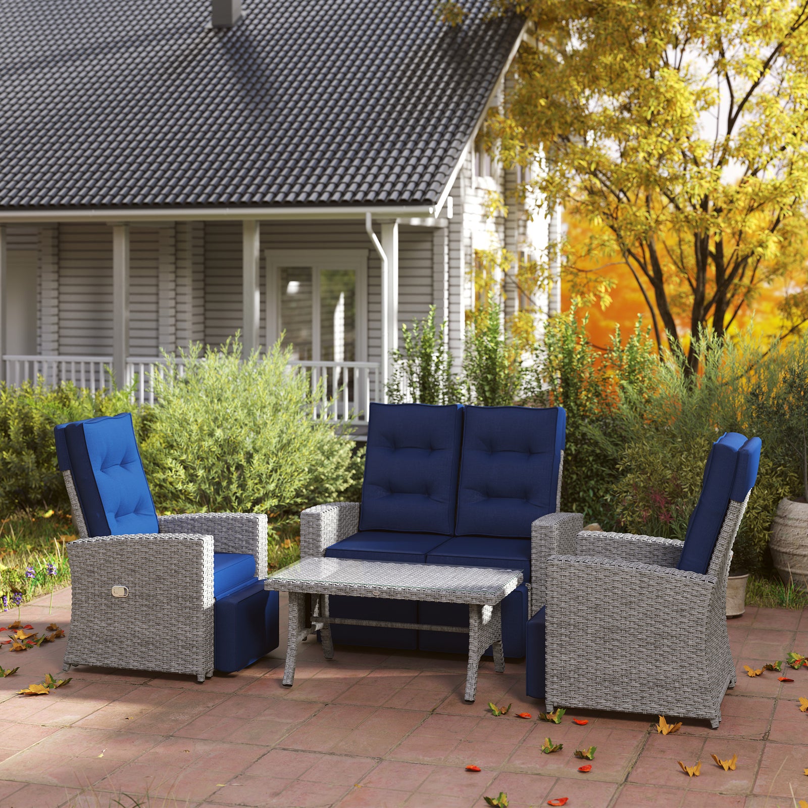 4 Piece Rattan Garden Furniture Set W/ Sofa, Glass Table