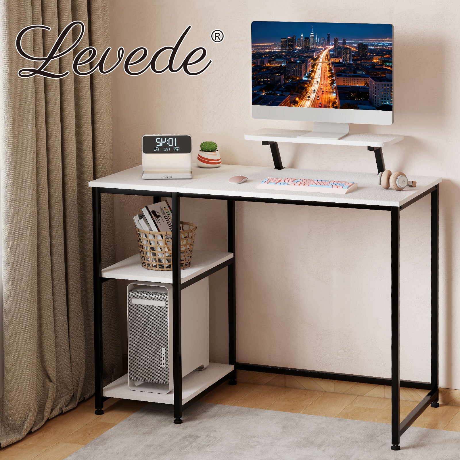 Computer Desk Home Office Table With Storage Shelves Monitor Stand | White