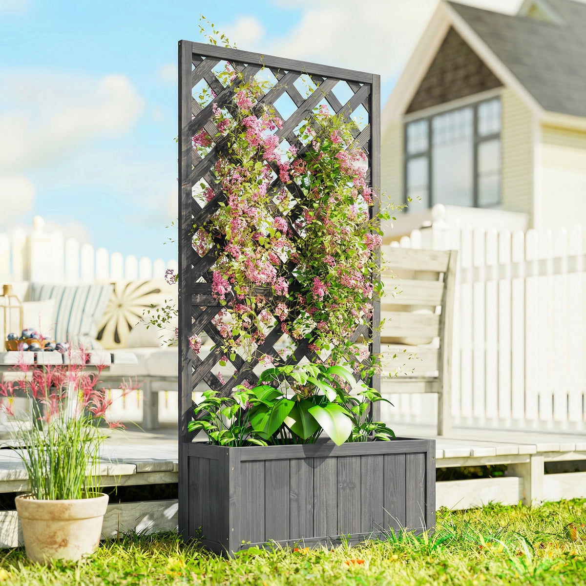 Outsunny Wood Planter With Trellis For Climbing Plants, Grey