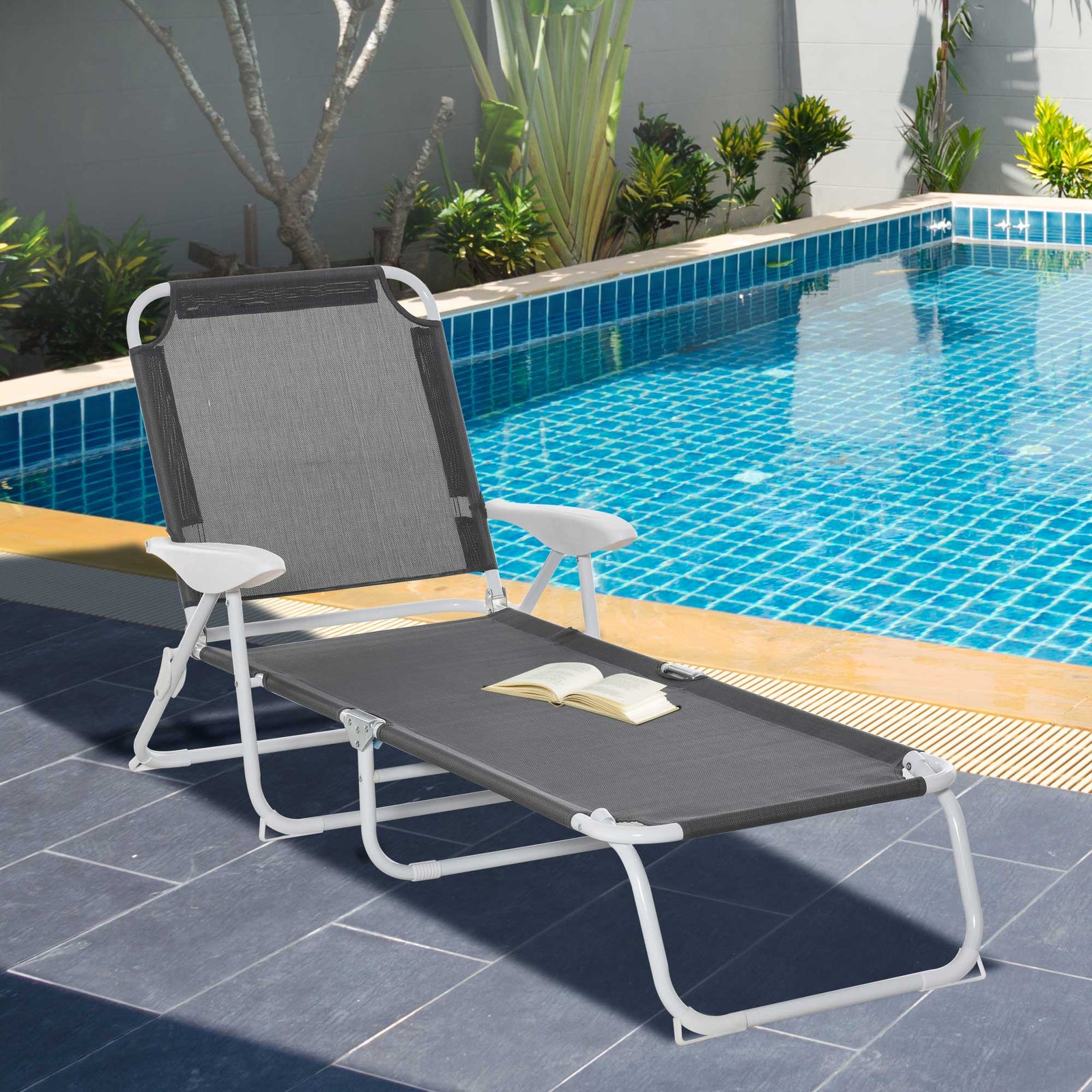 Folding Sun Beach Lounger W/ 4-level Backrest | Dark Gray
