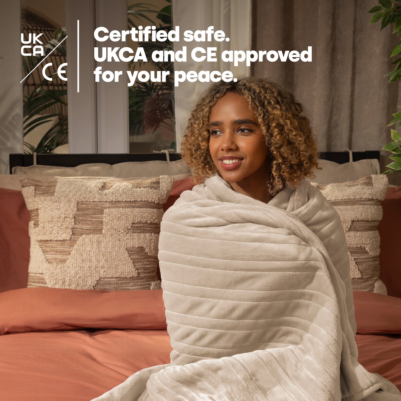 Heated Throw Electric Blanket With Washable Fleece Cover Cream