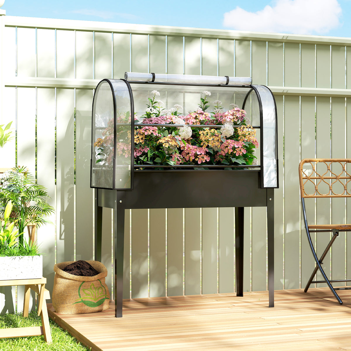 Outsunny Metal Raised Planter With Flip-up Greenhouse, Drainage Hole, Black