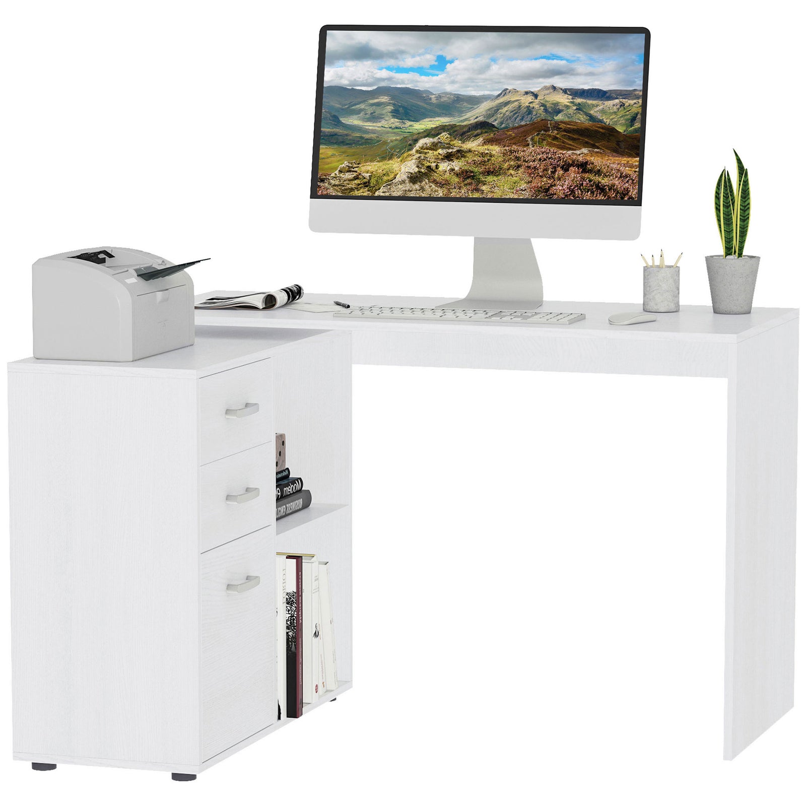 Computer Desk Table Workstation L Shape Drawer Shelf File | White