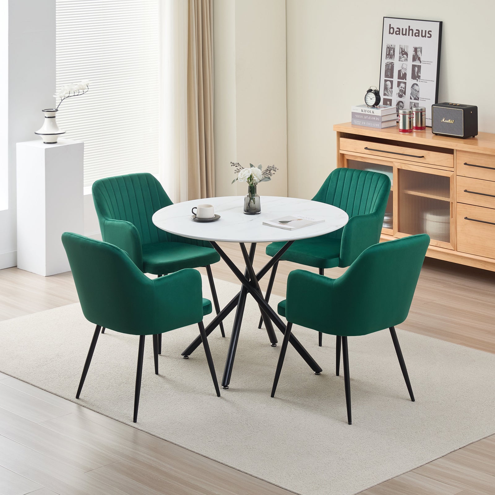 Elegant Seattle Dining Table Set With 4 Velvet Charlotte Chairs | Green
