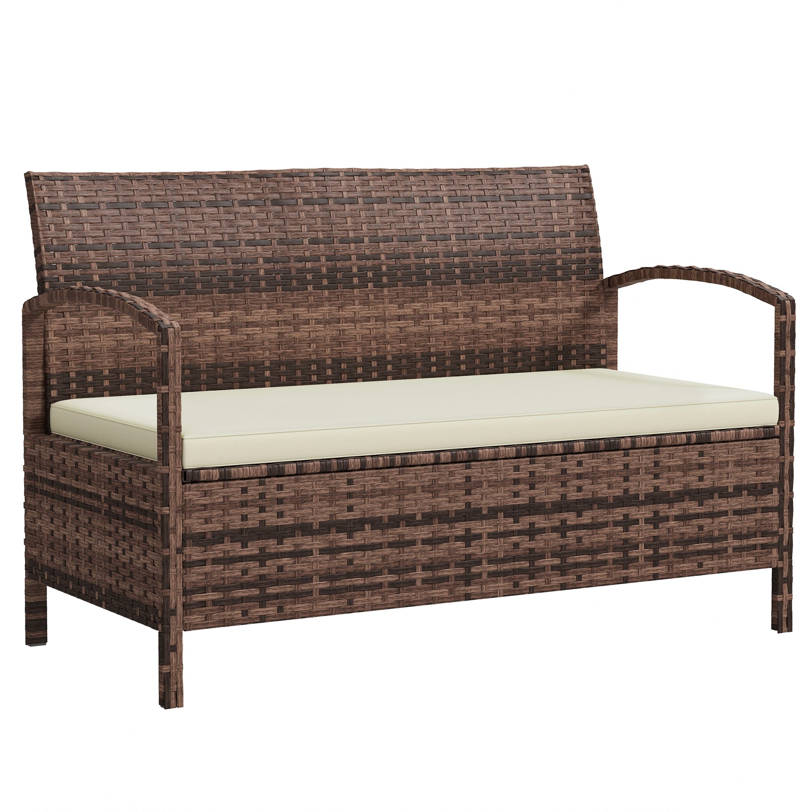 Rattan Garden Bench W/ 125l Storage, Cushioned Outdoor Bench | Brown