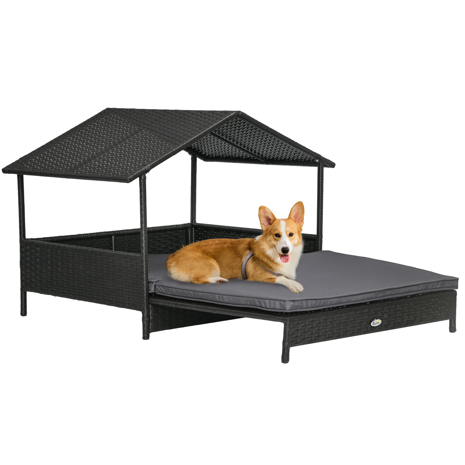 Pawhut Extendable Rattan Dog House W/ Water-resistant Roof, Cushion | Gray