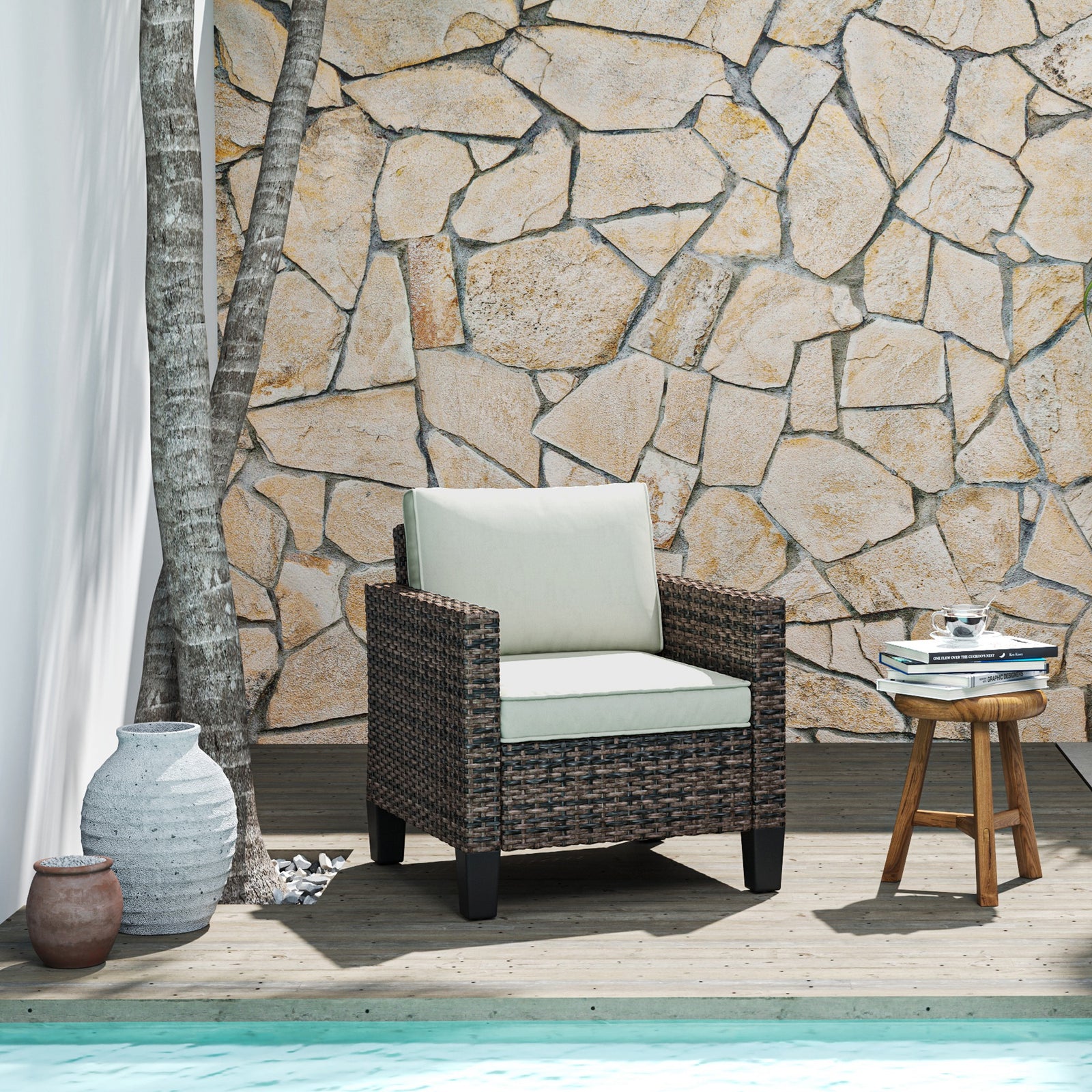 Single Rattan Chair, Garden Armchair W/ Cushions | Brown